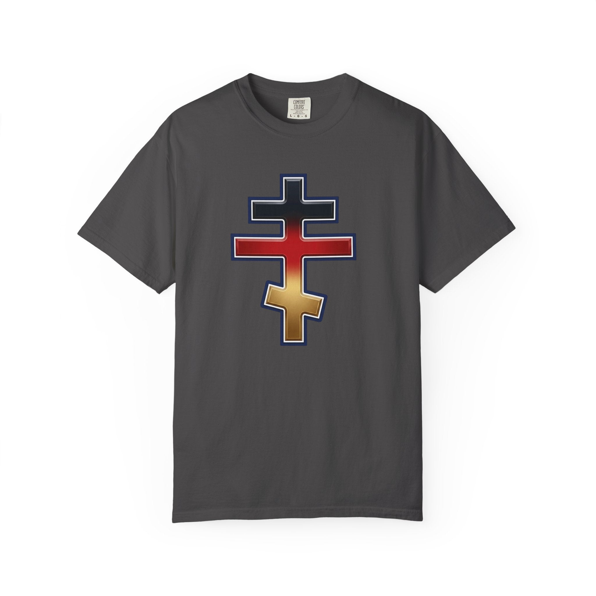 German Orthodox Cross design on a heavyweight garment-dyed t-shirt
