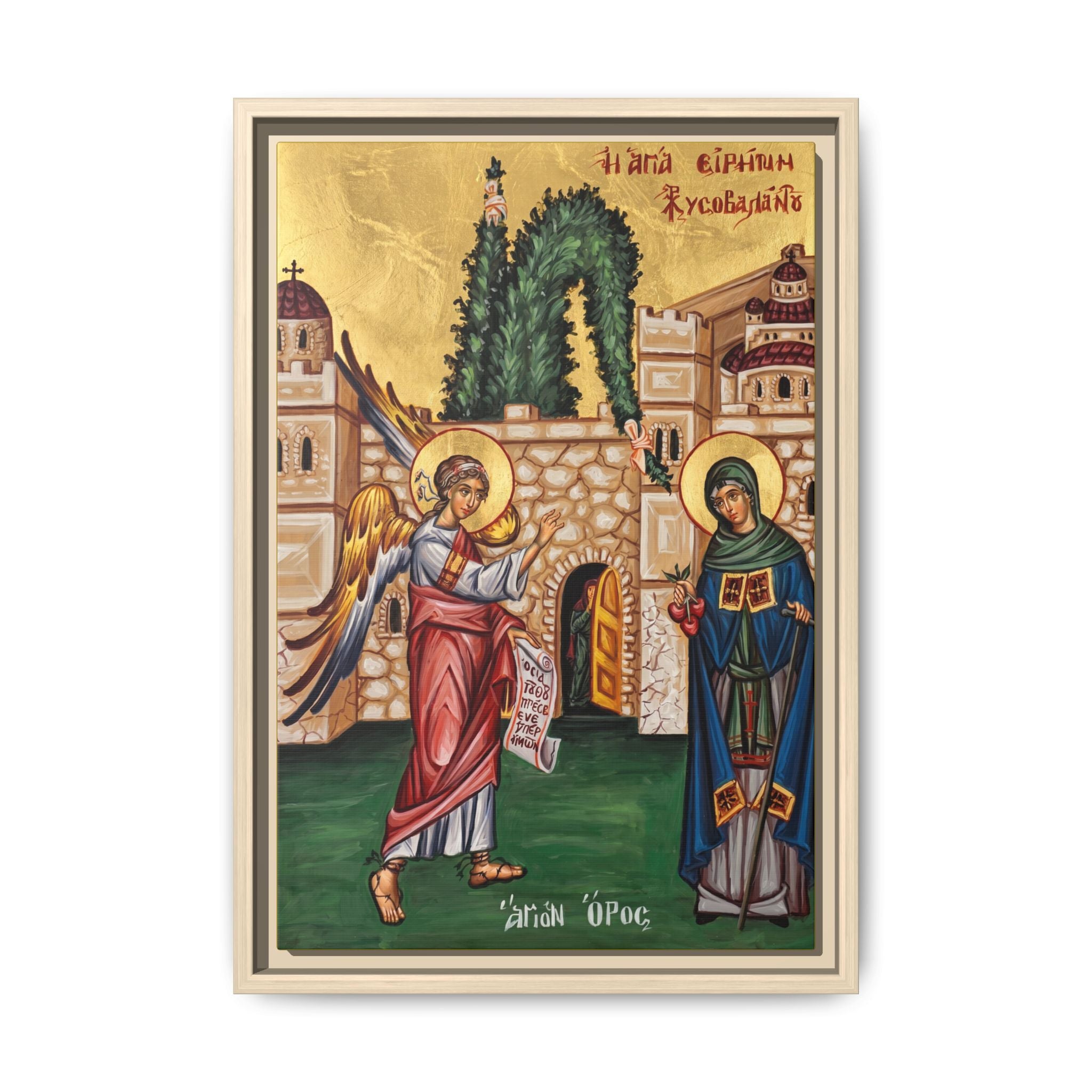 Framed canvas icon of Saint Irene Chrysovalantou, traditional Orthodox Christian artwork