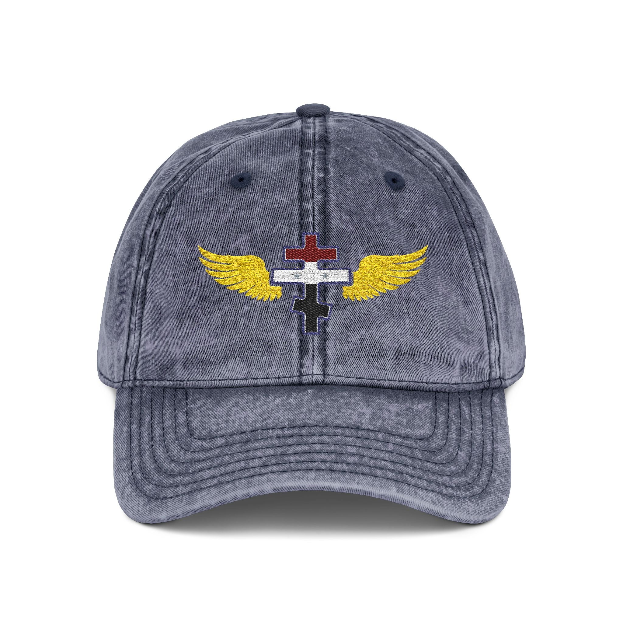 Syrian Orthodox cross with wings embroidered on vintage cotton twill cap -- additional view 3