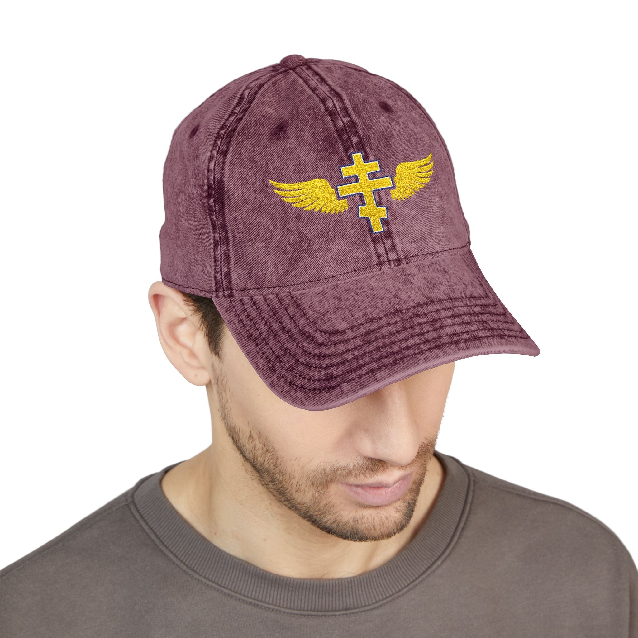 Cypriot Orthodox cross with wings embroidered on vintage cotton twill cap -- additional view 16