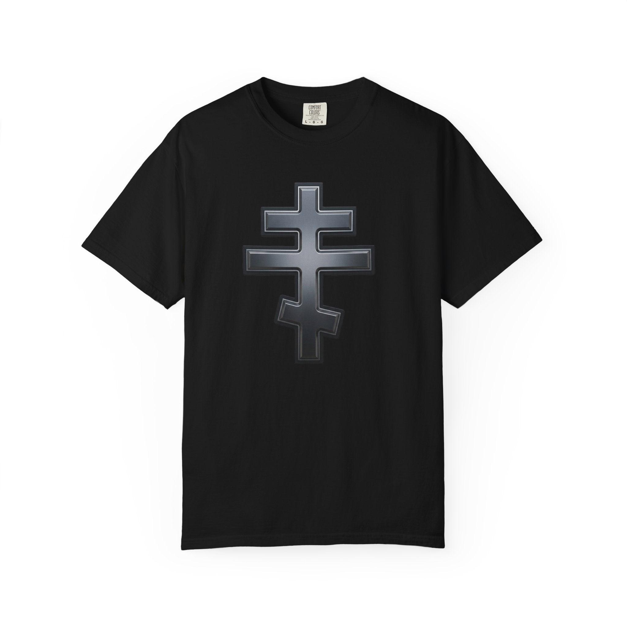 Classic black classic Orthodox cross design on a heavyweight garment-dyed t-shirt
