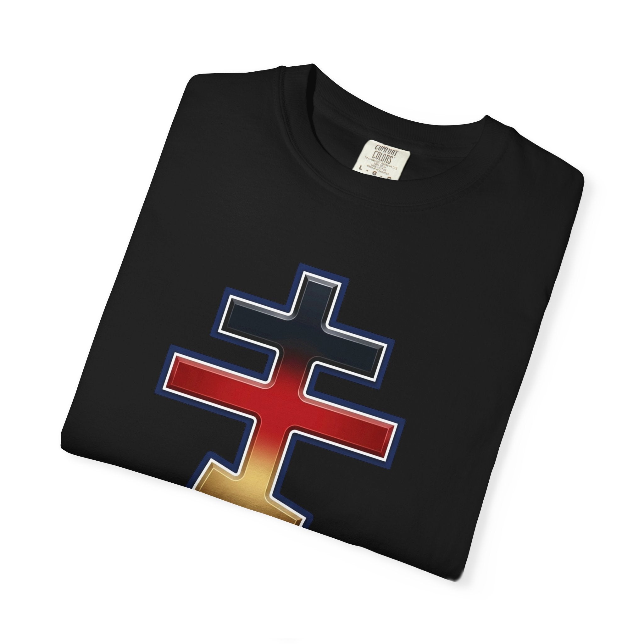 German Orthodox Cross design on a heavyweight garment-dyed t-shirt