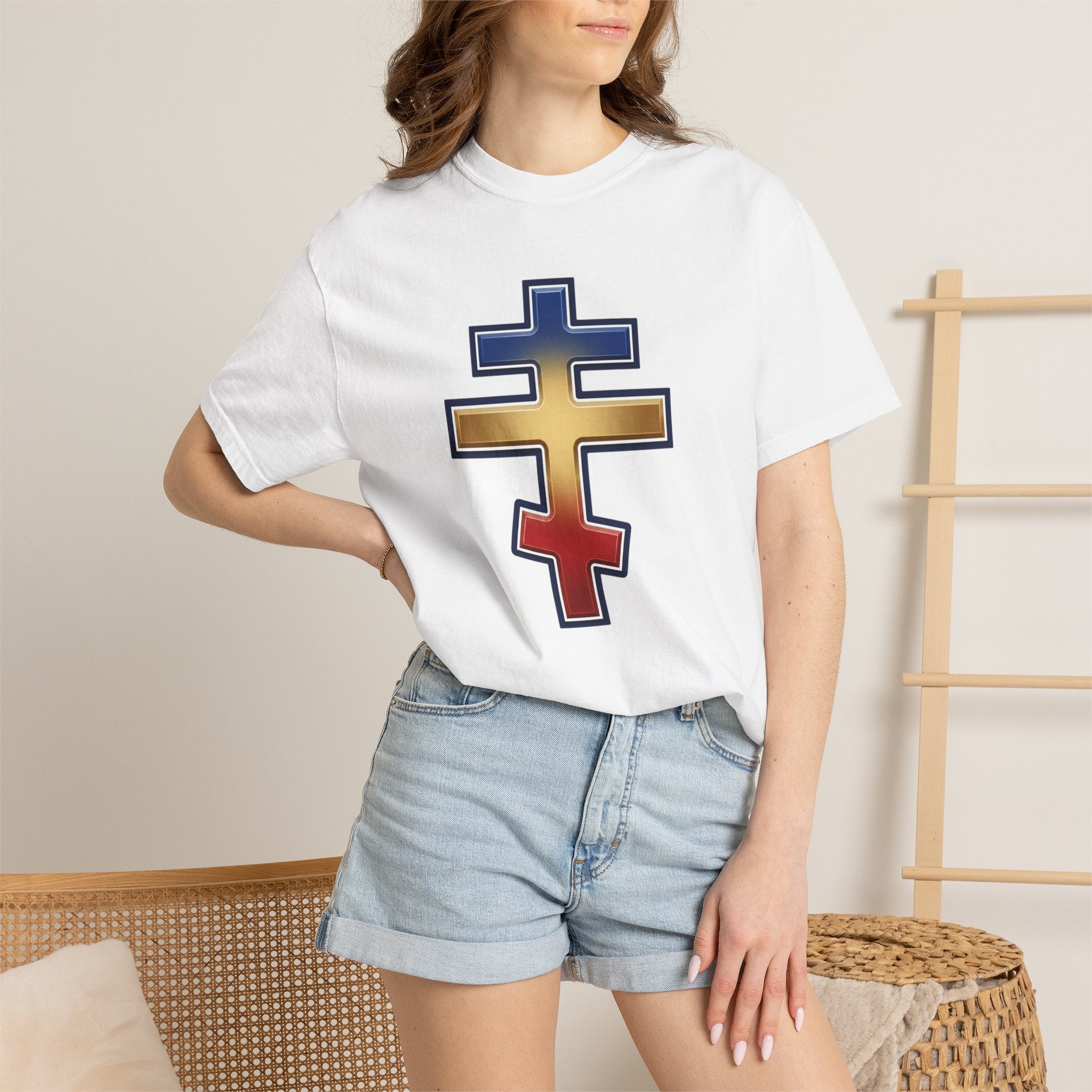 Romanian Orthodox Cross design on a heavyweight garment-dyed t-shirt