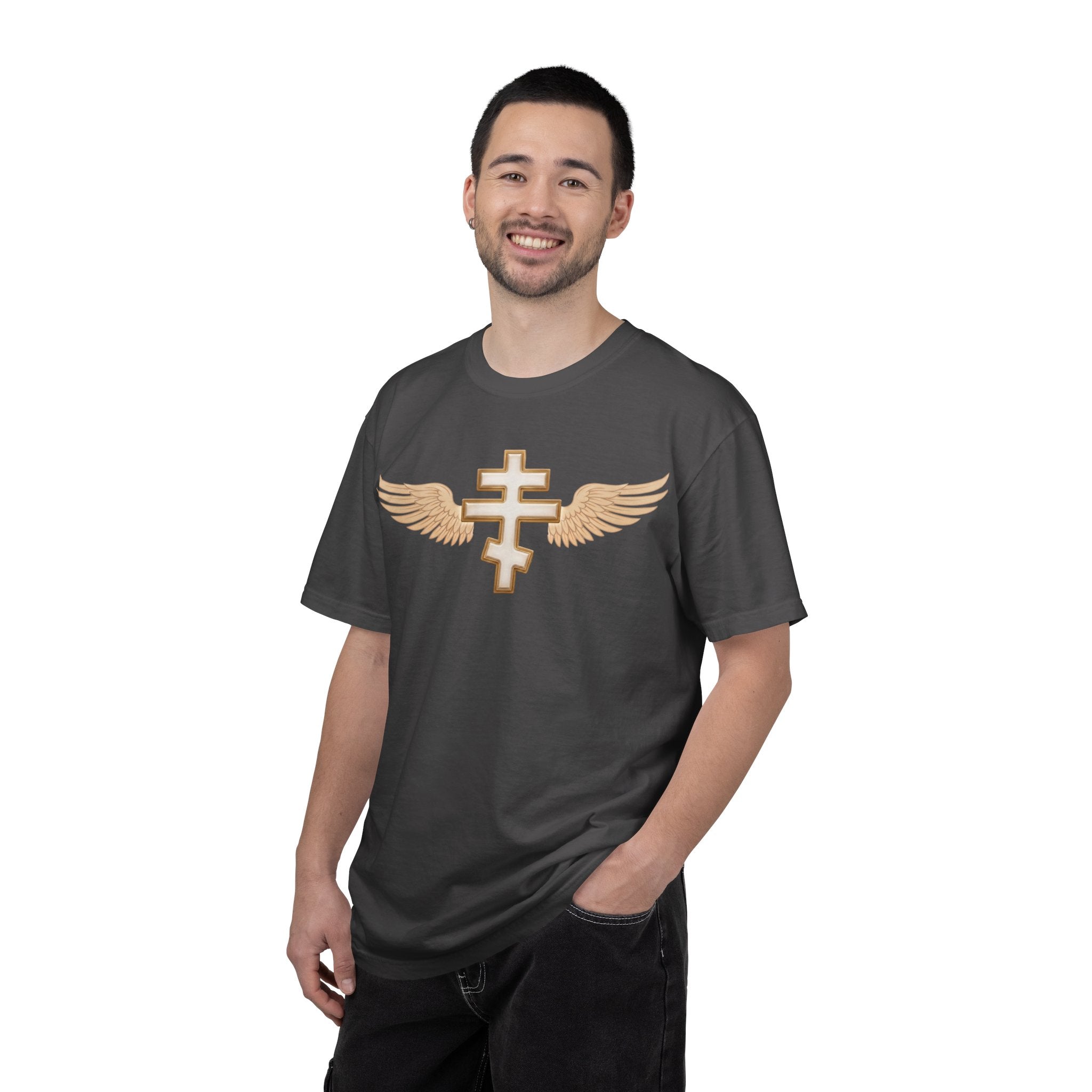 Classic white winged classic Orthodox cross design on a heavyweight garment-dyed t-shirt