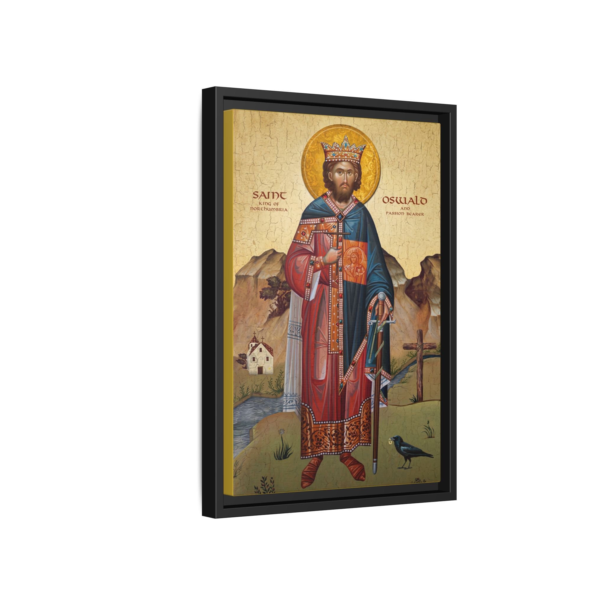 Framed canvas icon of Saint Oswald of Northumbria, traditional Orthodox Christian artwork