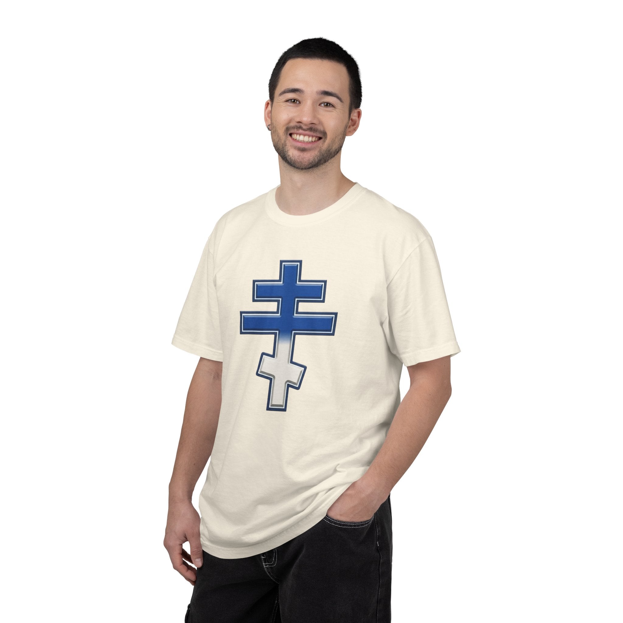 Greek Orthodox Cross design on a heavyweight garment-dyed t-shirt