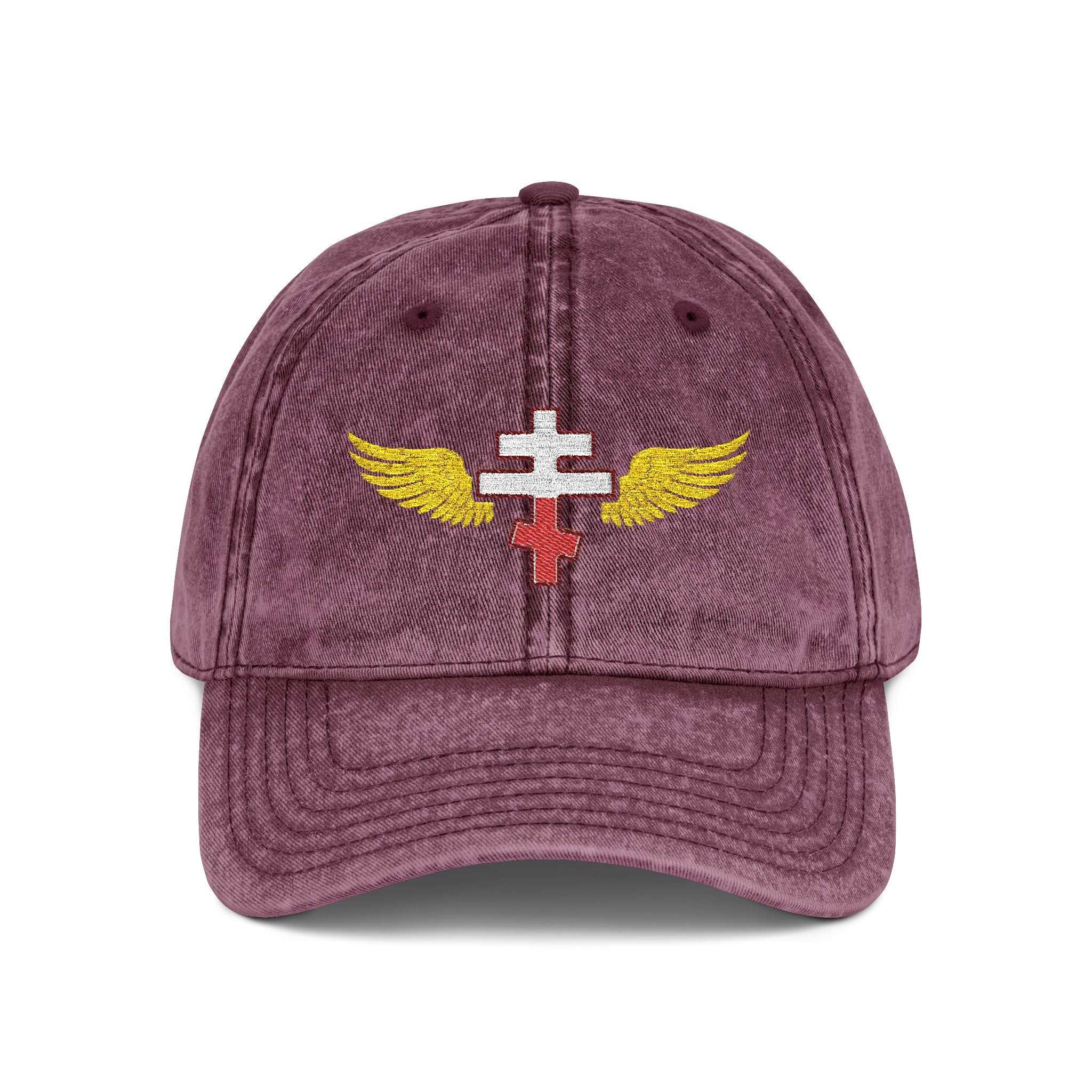 Polish Orthodox cross with wings embroidered on vintage cotton twill cap -- additional view 4