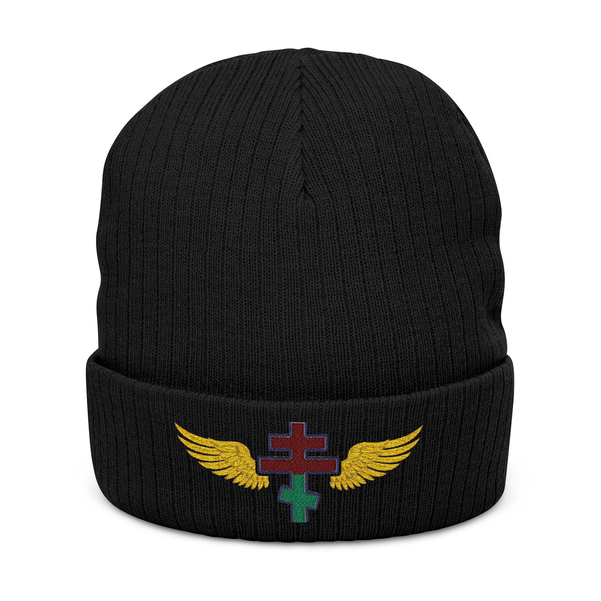 Belarusian Orthodox cross with wings embroidered on ribbed knit beanie