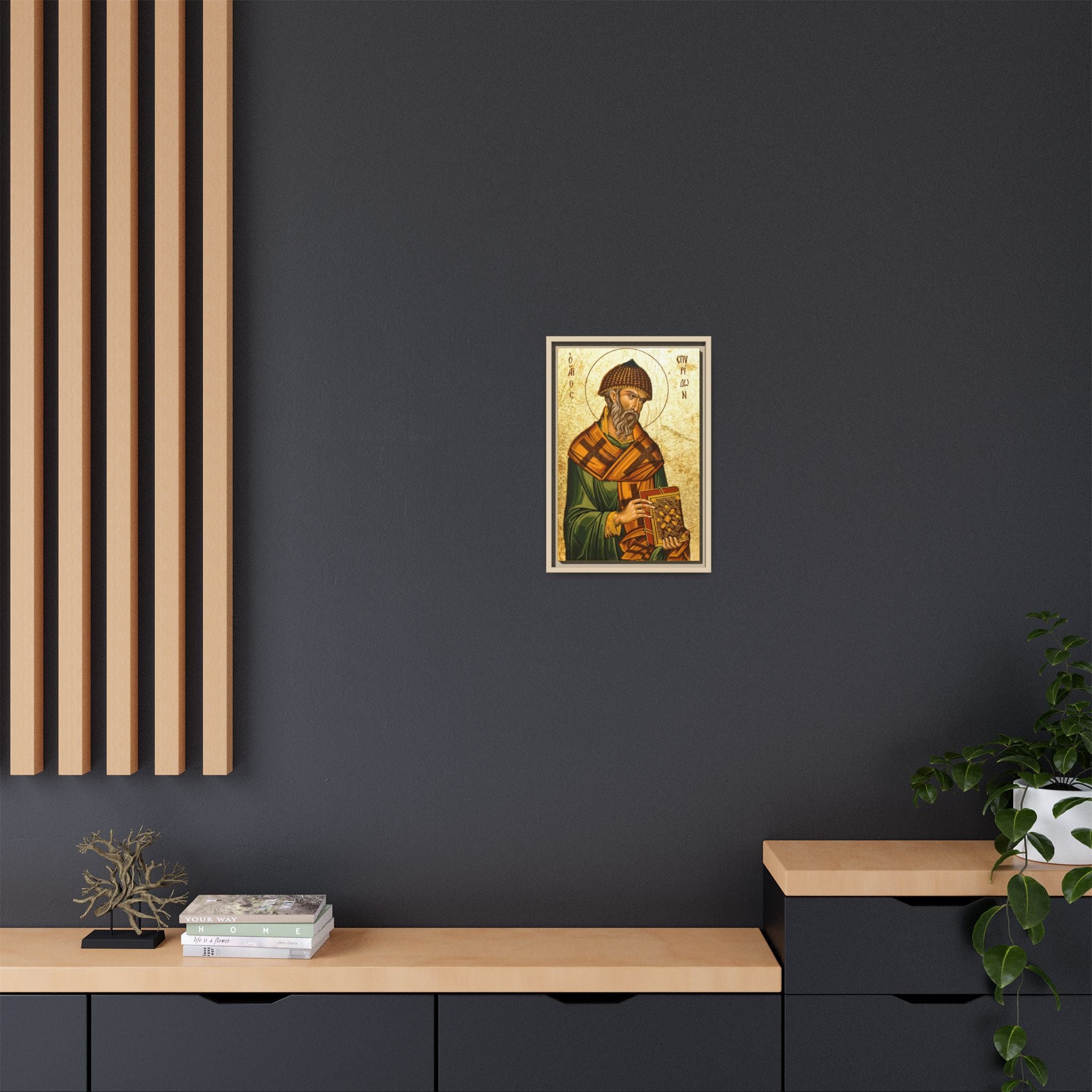 Framed canvas icon of Saint Spyridon of Trimythous, traditional Orthodox Christian artwork