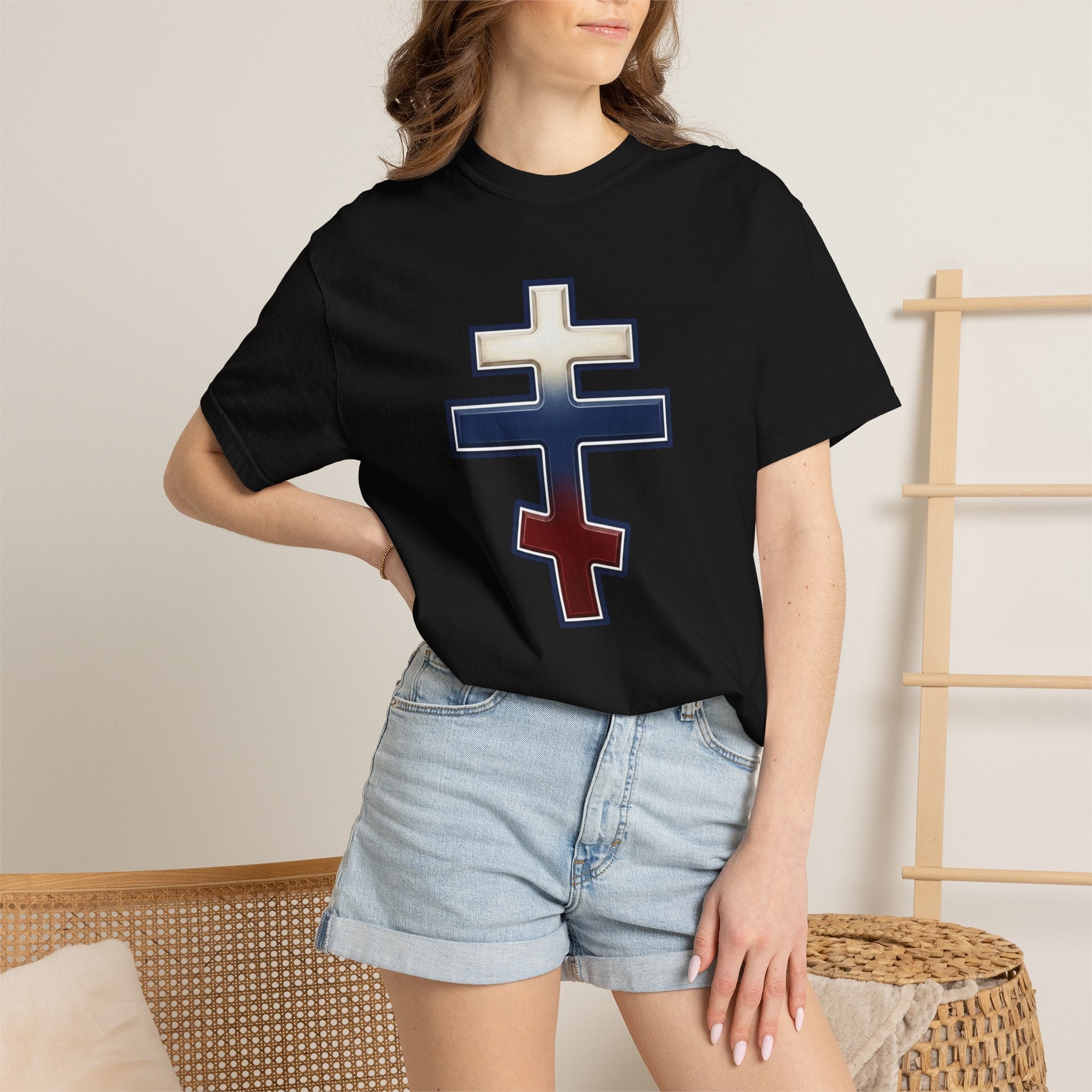 Russian Orthodox Cross design on a heavyweight garment-dyed t-shirt