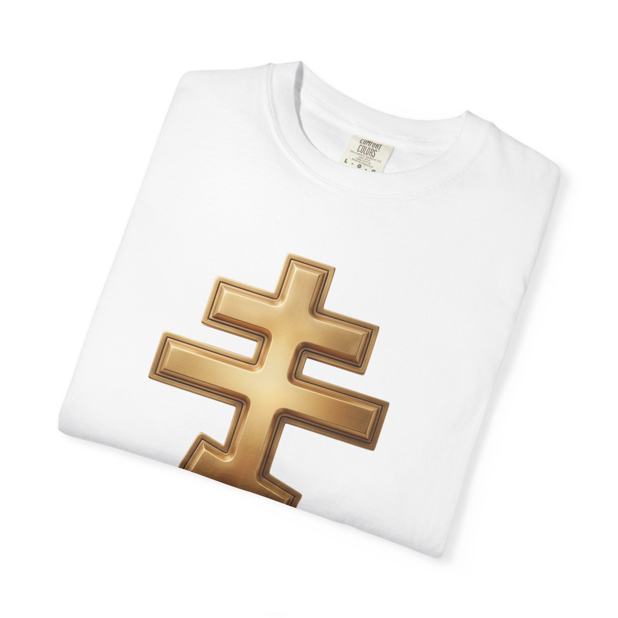 Classic gold classic Orthodox cross design on a heavyweight garment-dyed t-shirt