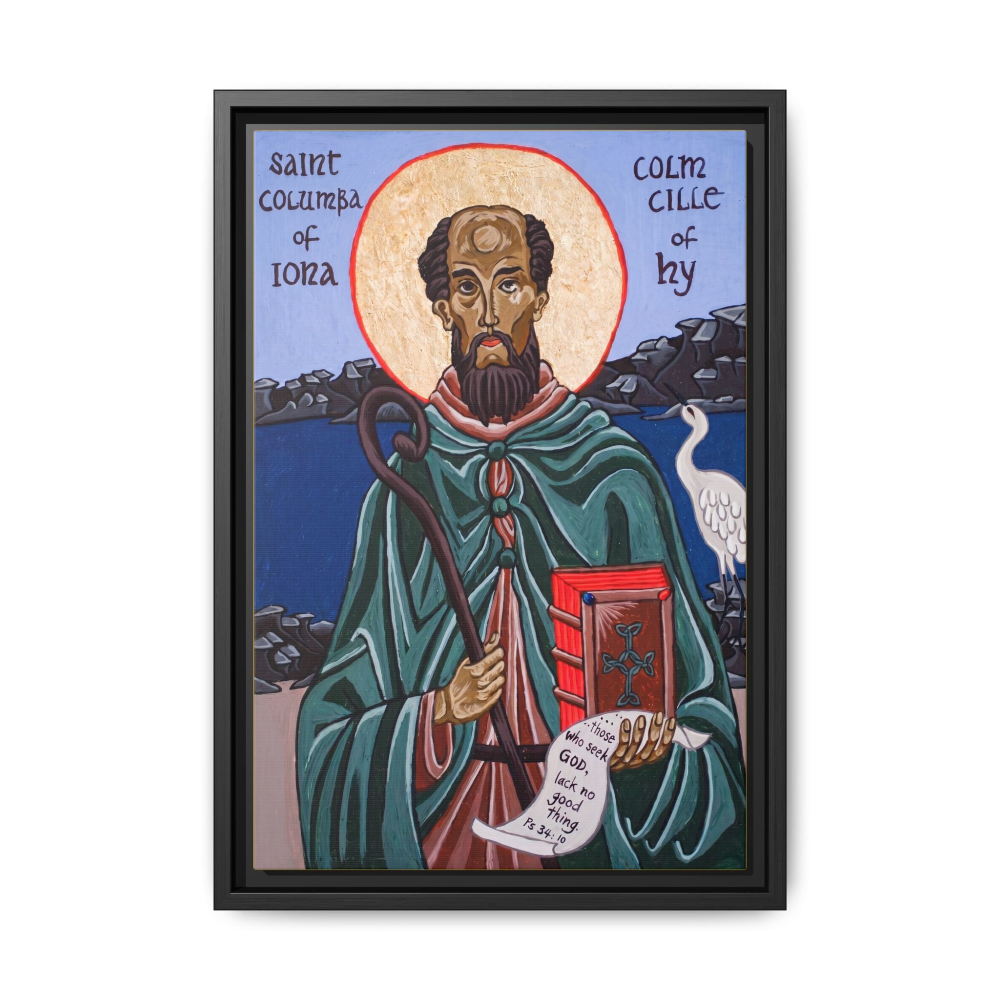 Framed canvas icon of Saint Columba of Iona, traditional Orthodox Christian artwork