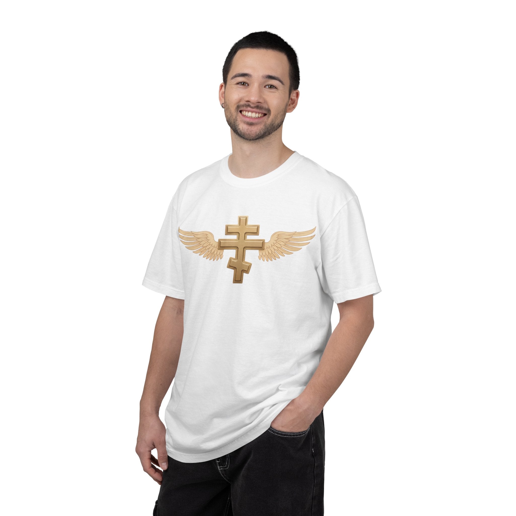 Classic gold winged classic Orthodox cross design on a heavyweight garment-dyed t-shirt
