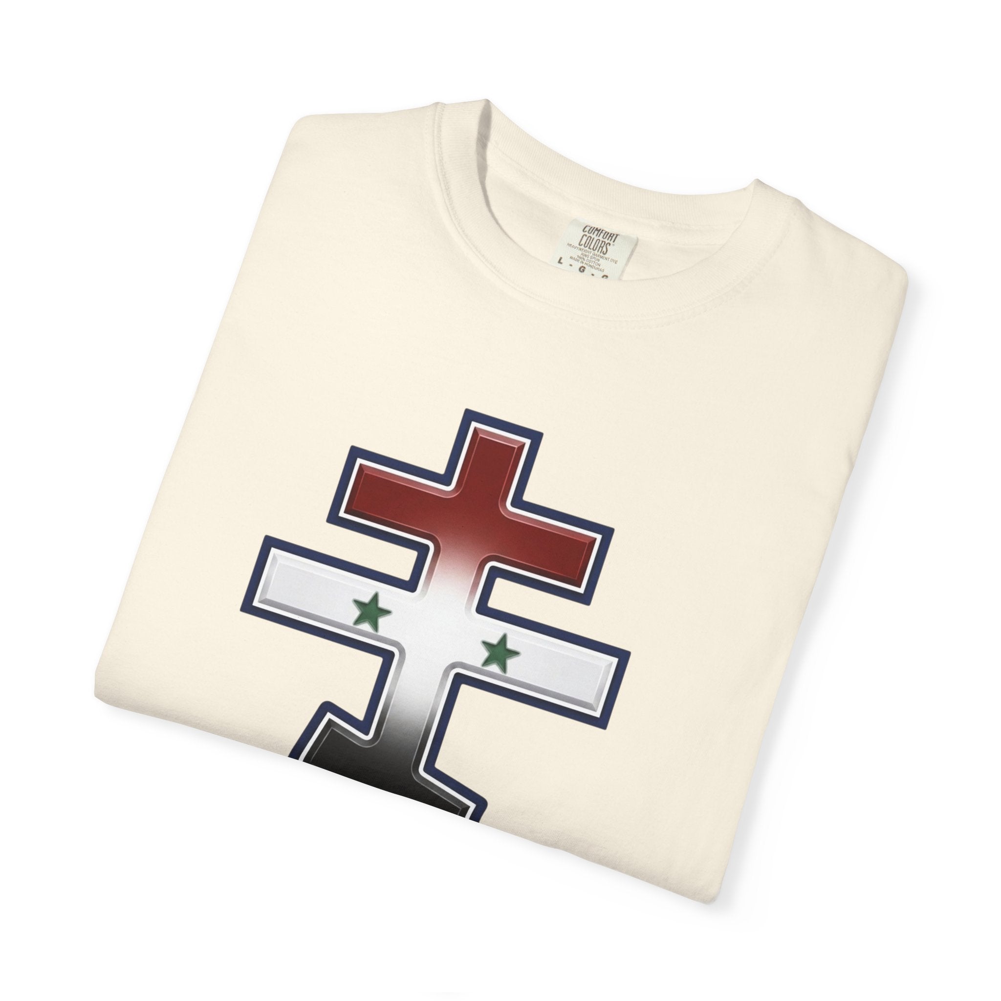 Syrian Orthodox Cross design on a heavyweight garment-dyed t-shirt