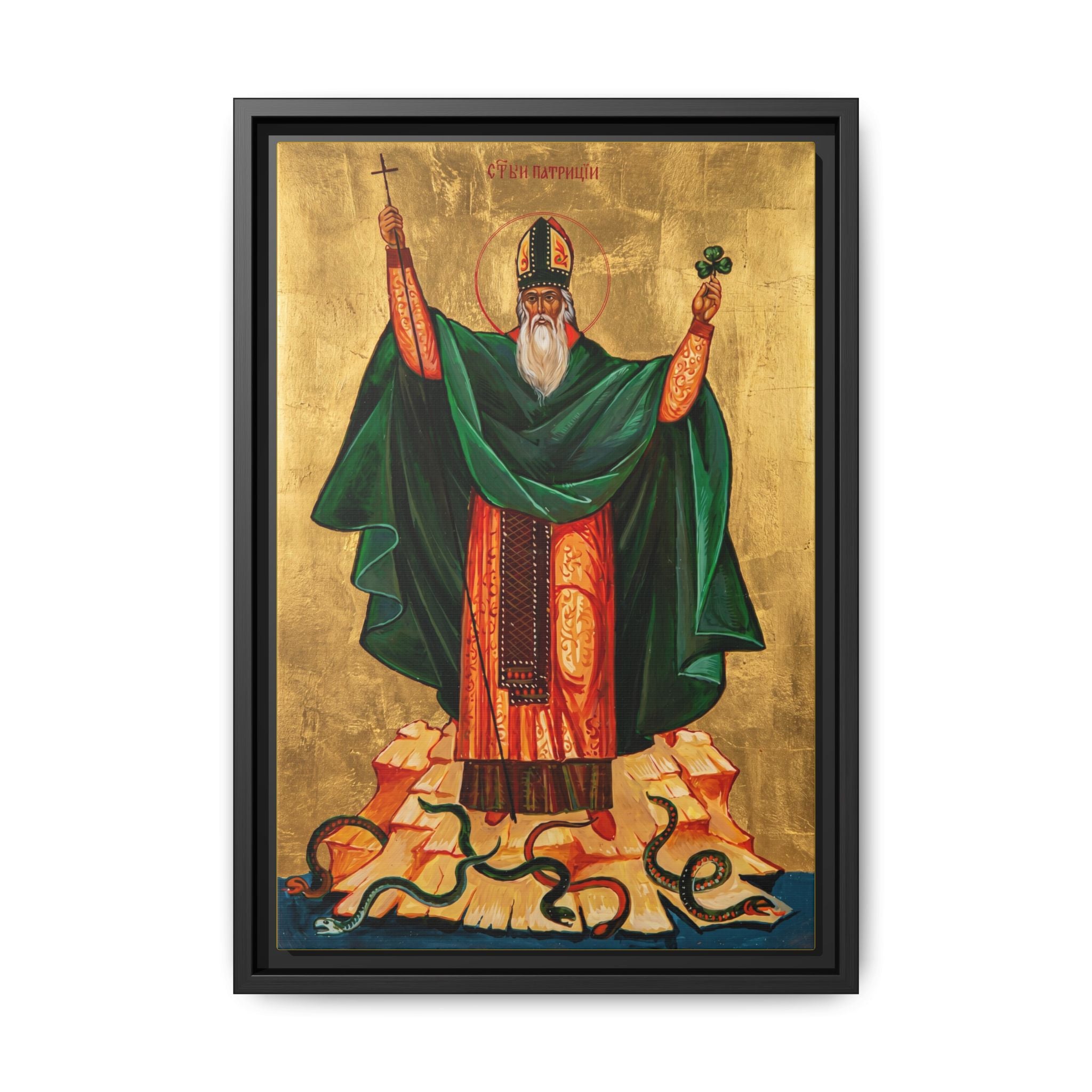 Framed canvas icon of Saint Patrick of Ireland, traditional Orthodox Christian artwork