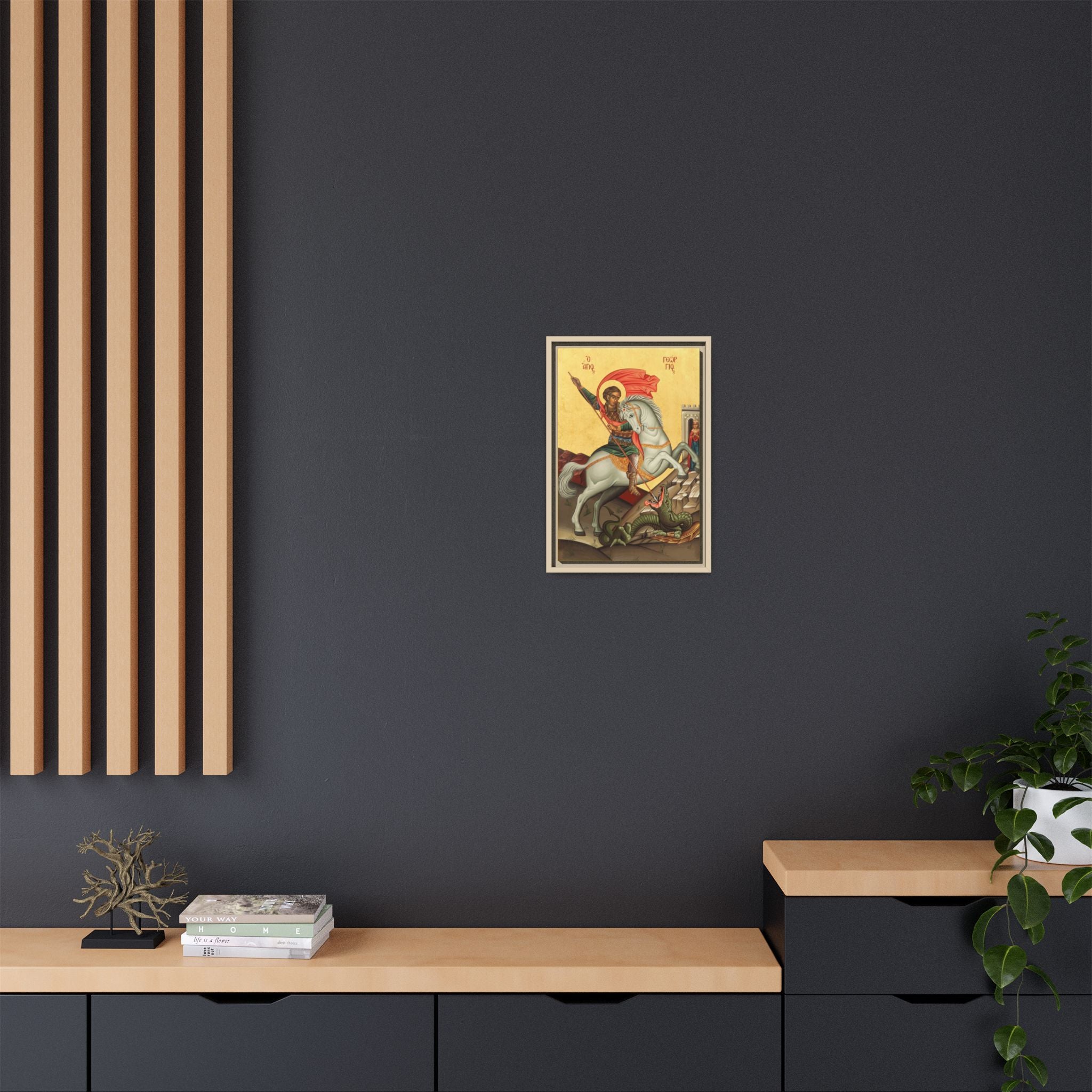 Framed canvas icon of Saint George the Great Martyr, traditional Orthodox Christian artwork
