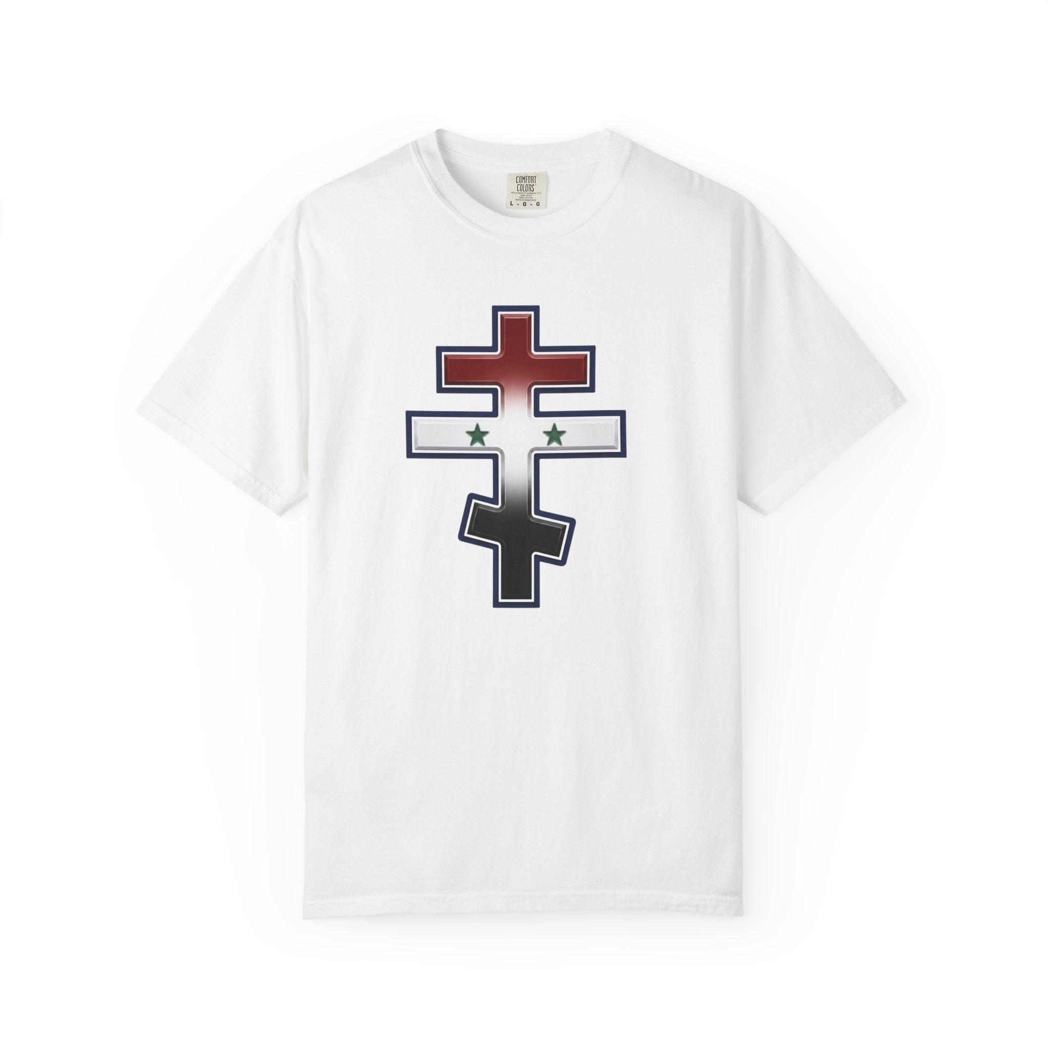 Syrian Orthodox Cross design on a heavyweight garment-dyed t-shirt