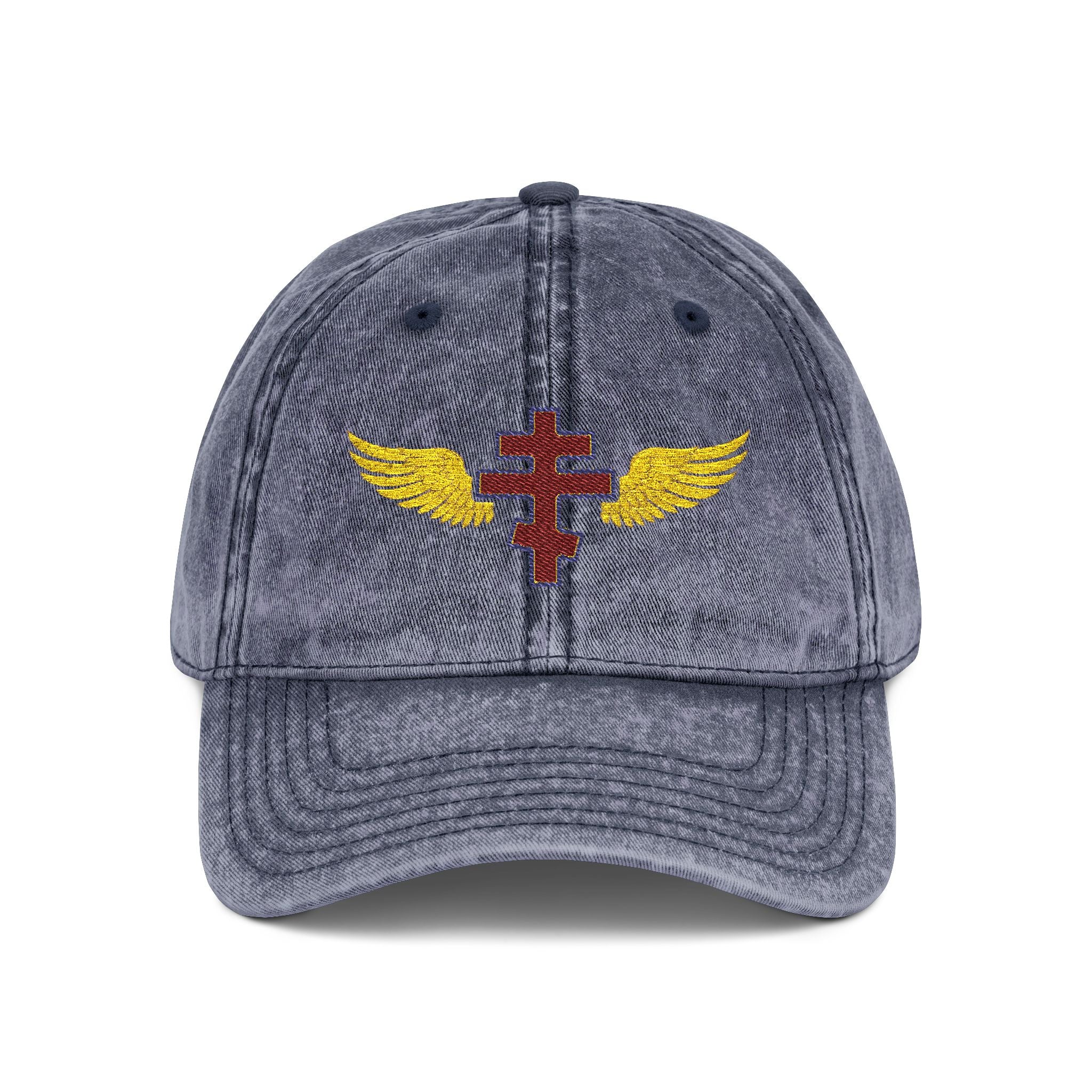 Antiochian Orthodox cross with wings embroidered on vintage cotton twill cap -- additional view 3