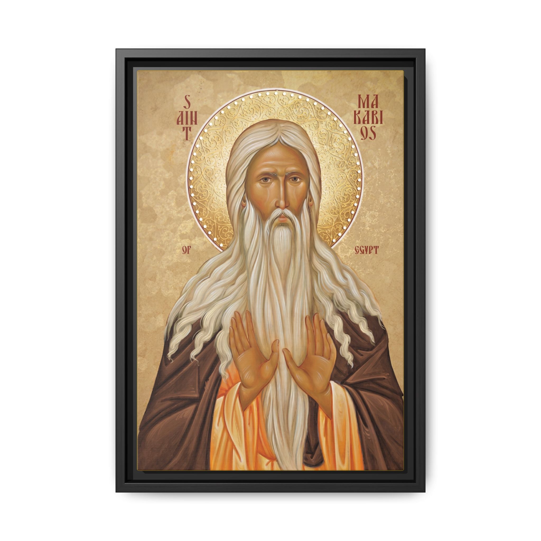 Framed canvas icon of Saint Macarius of Egypt, traditional Orthodox Christian artwork