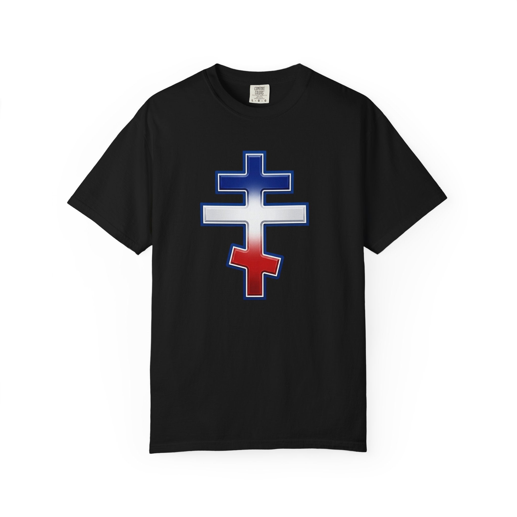 French Orthodox Cross design on a heavyweight garment-dyed t-shirt