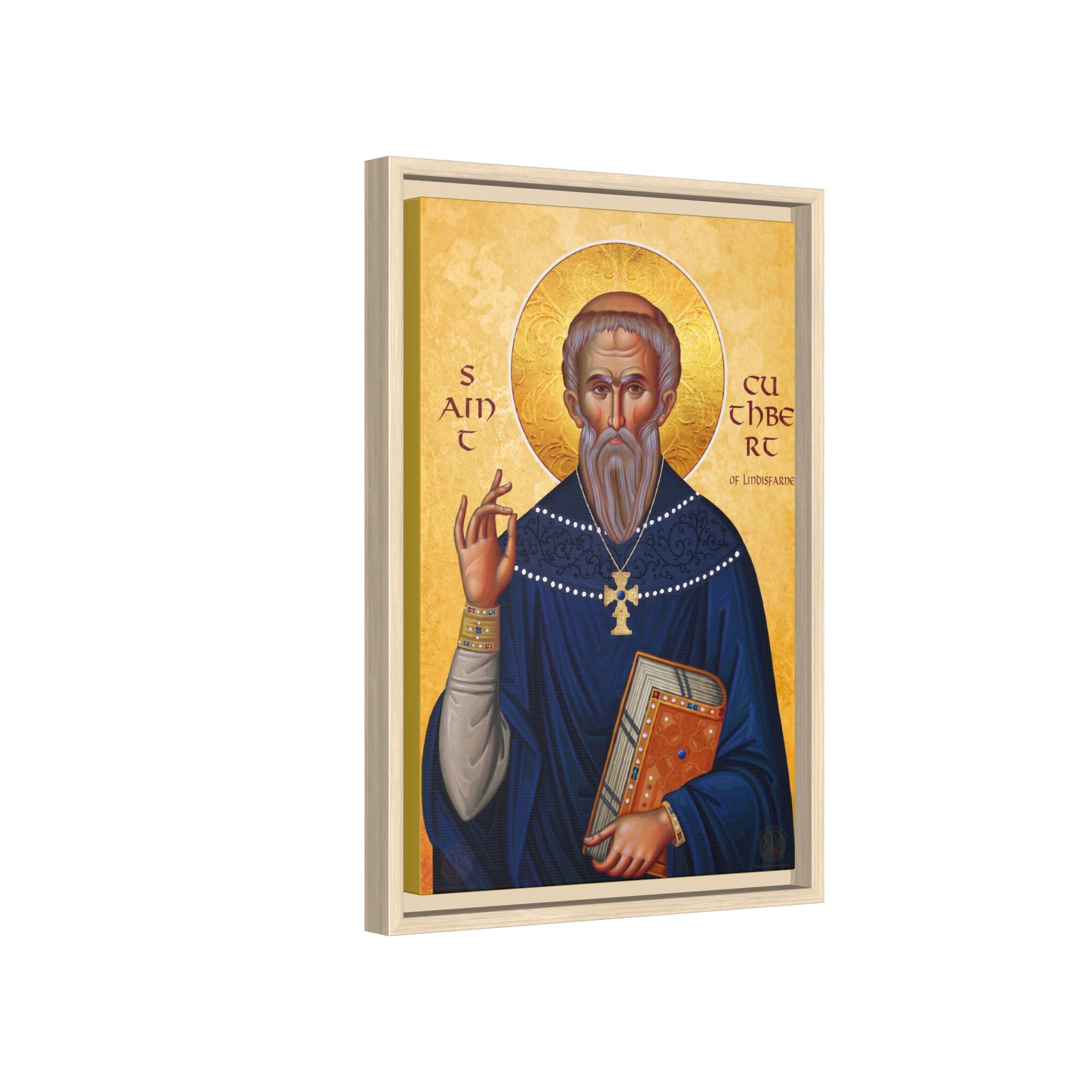 Framed canvas icon of Saint Cuthbert of Lindisfarne, traditional Orthodox Christian artwork