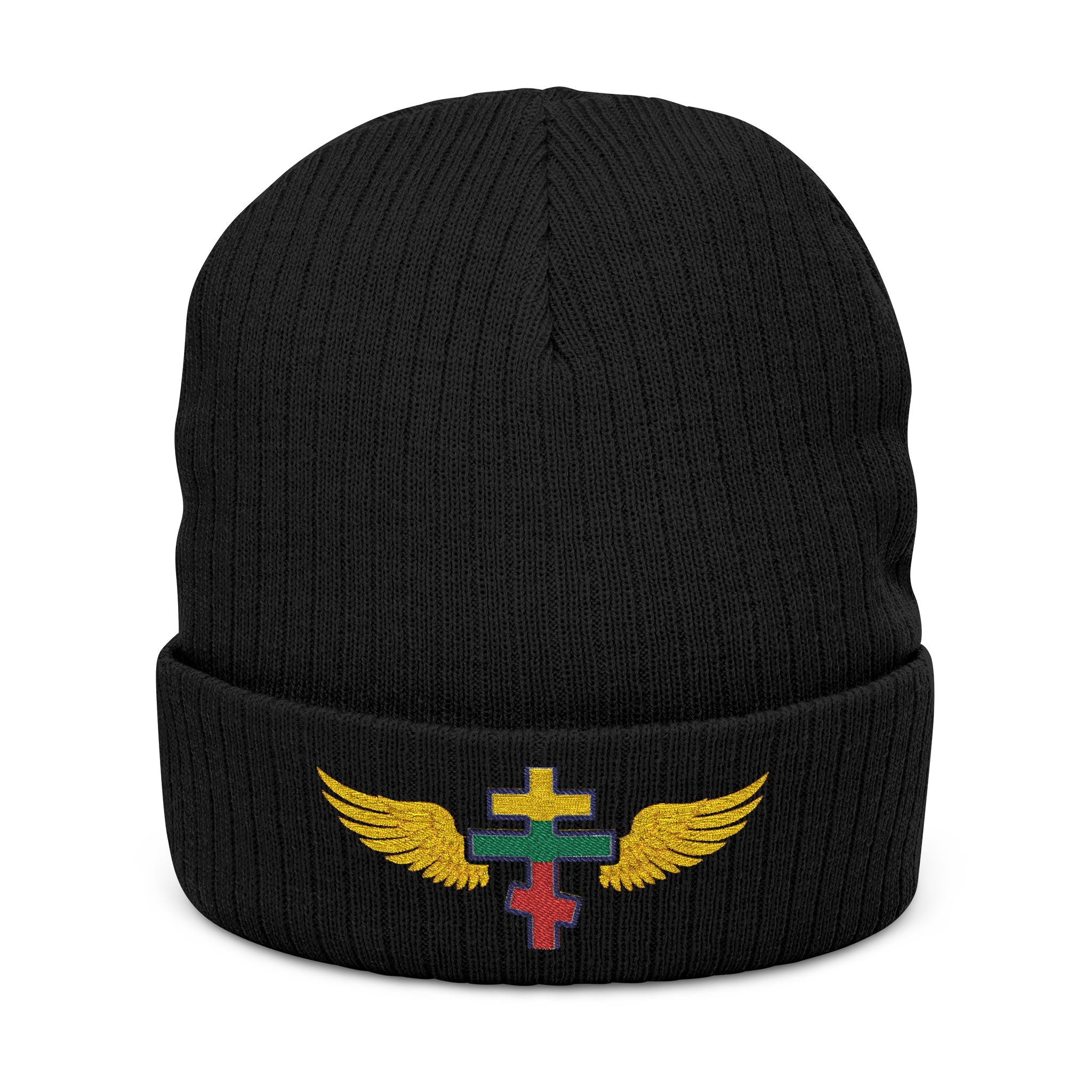 Lithuanian Orthodox cross with wings embroidered on ribbed knit beanie