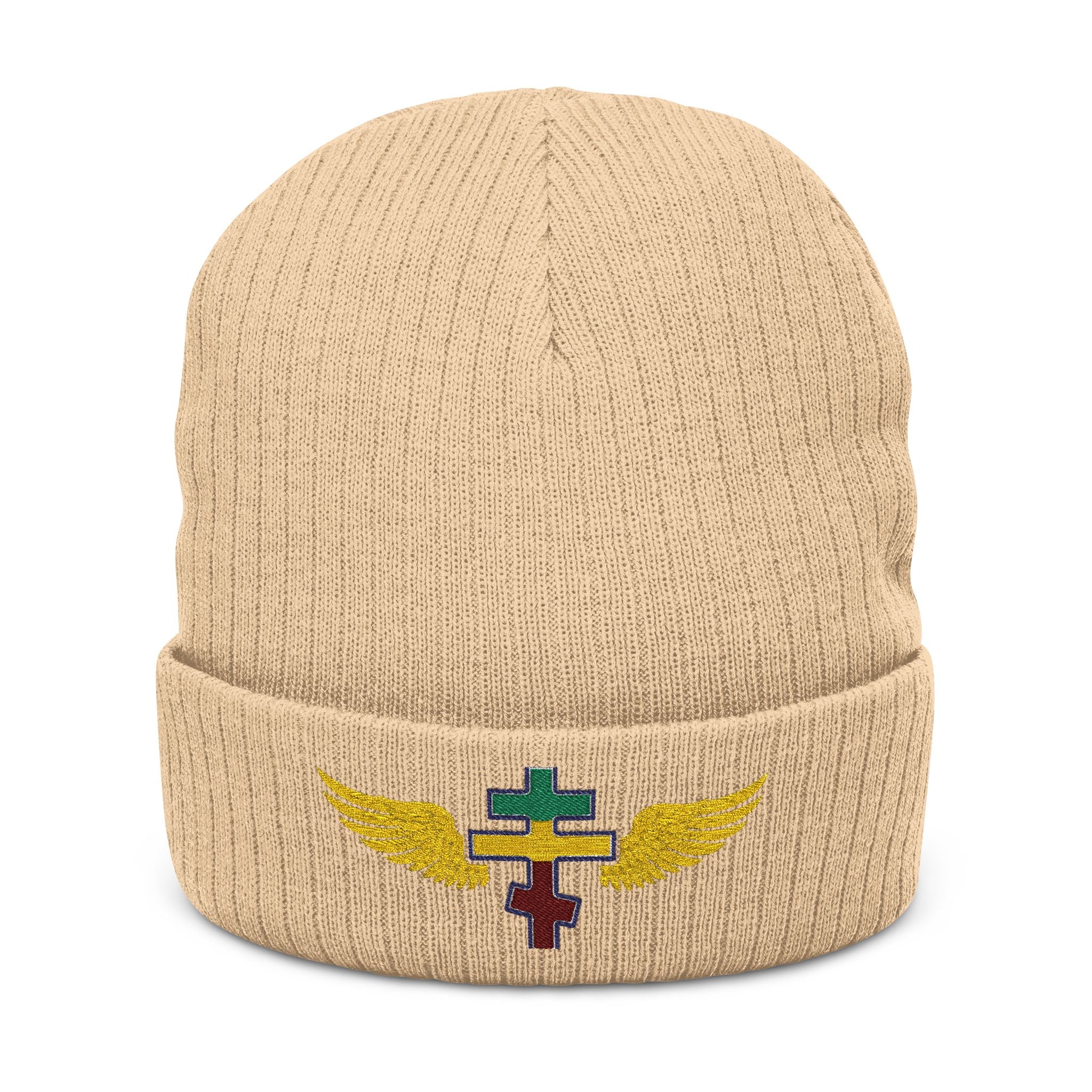 Ethiopian Orthodox cross with wings embroidered on ribbed knit beanie -- additional view 2