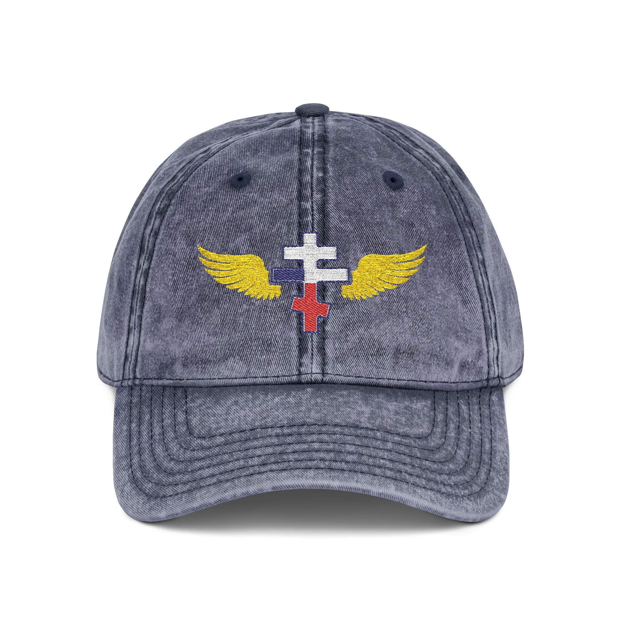 Czech Orthodox cross with wings embroidered on vintage cotton twill cap -- additional view 3