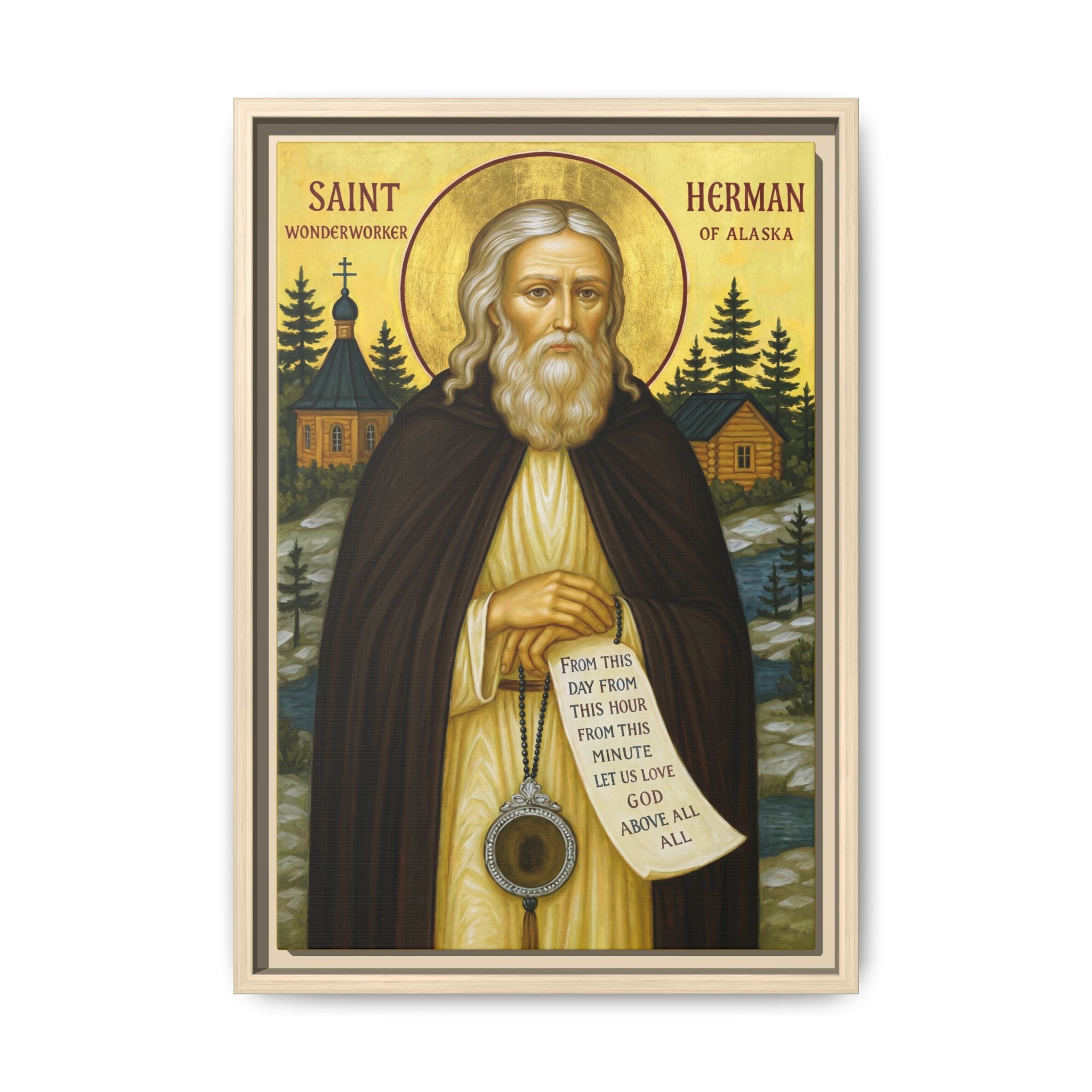 Framed canvas icon of Saint Herman of Alaska, traditional Orthodox Christian artwork