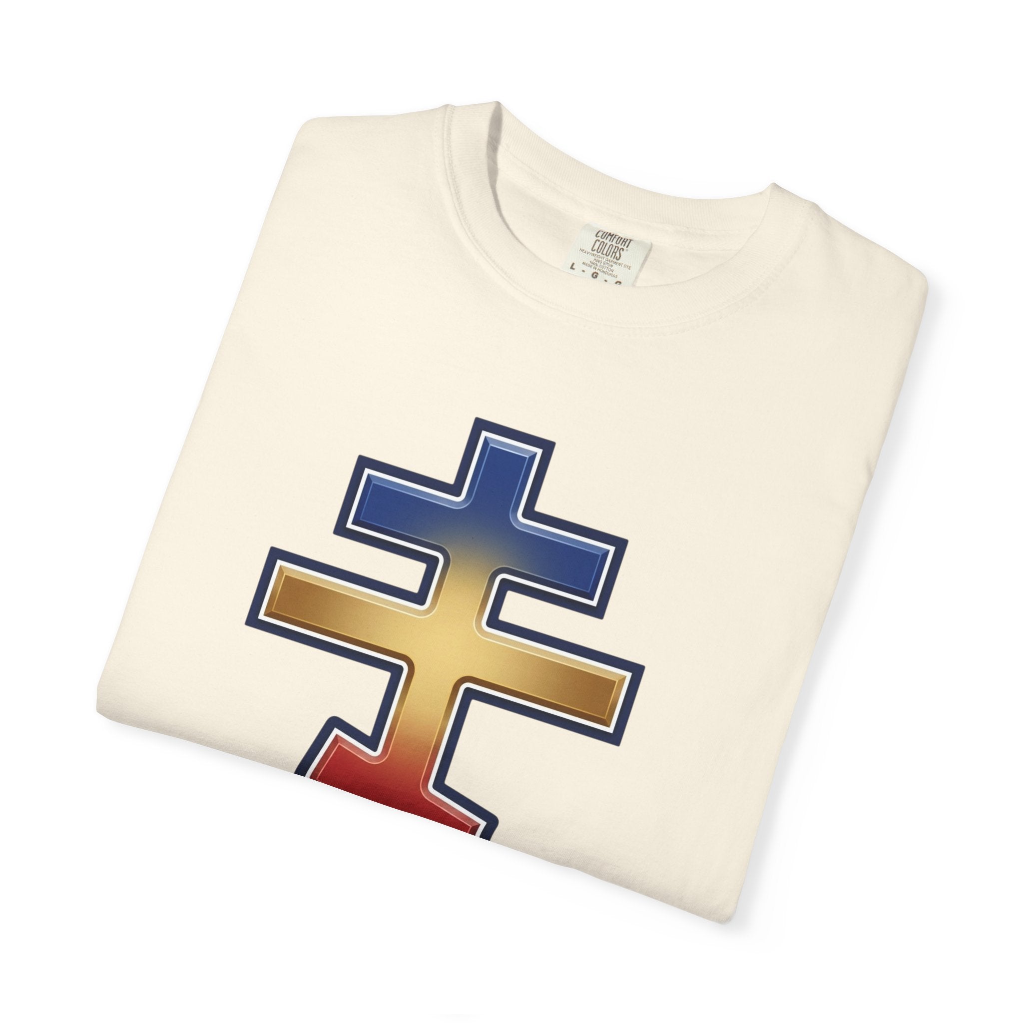 Romanian Orthodox Cross design on a heavyweight garment-dyed t-shirt