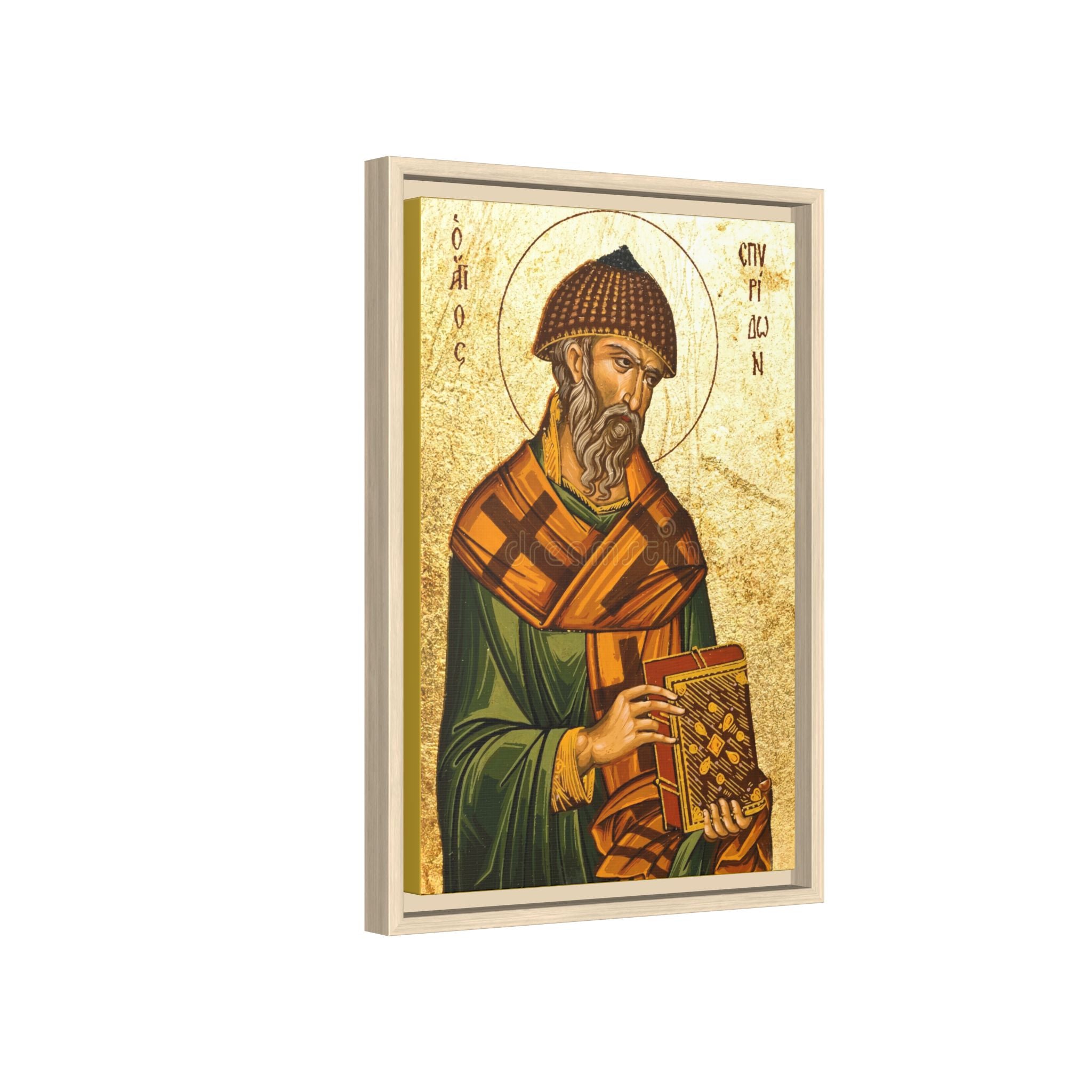 Framed canvas icon of Saint Spyridon of Trimythous, traditional Orthodox Christian artwork
