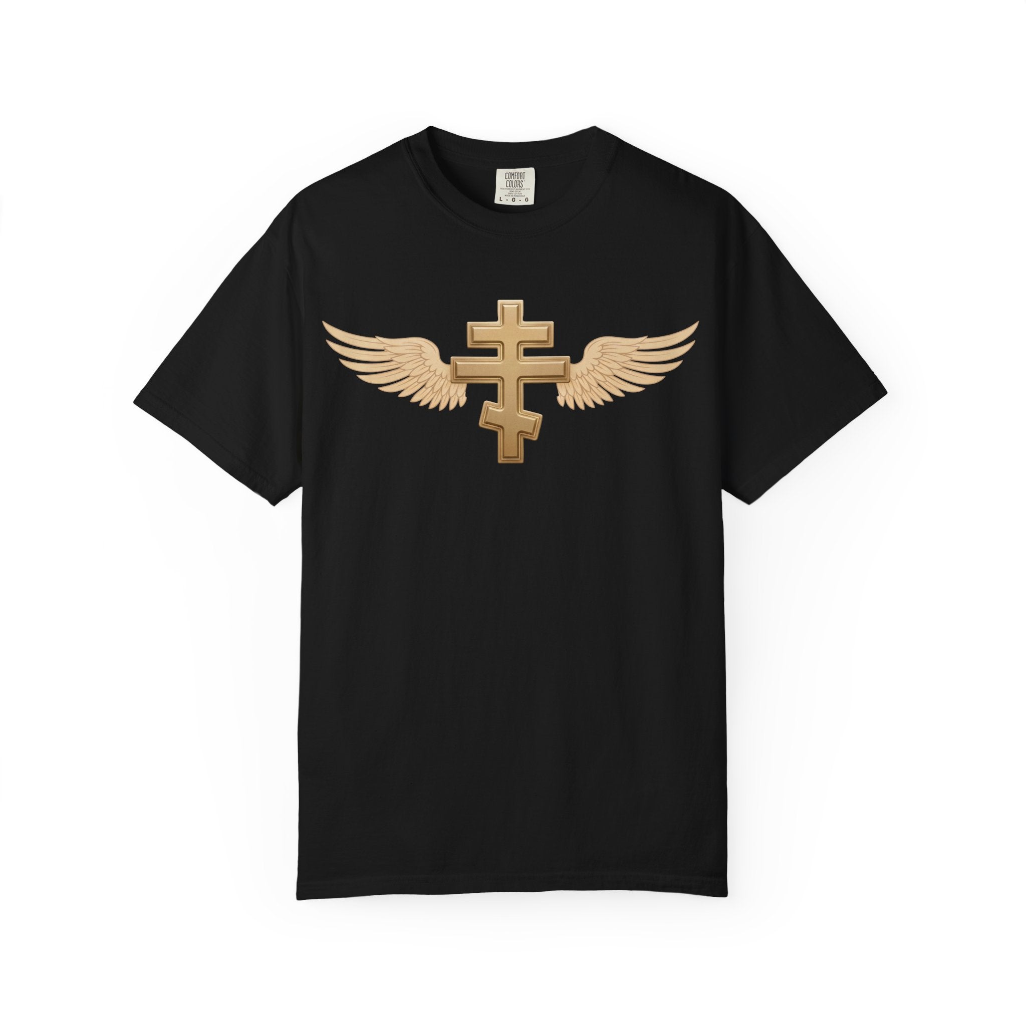 Classic gold winged classic Orthodox cross design on a heavyweight garment-dyed t-shirt