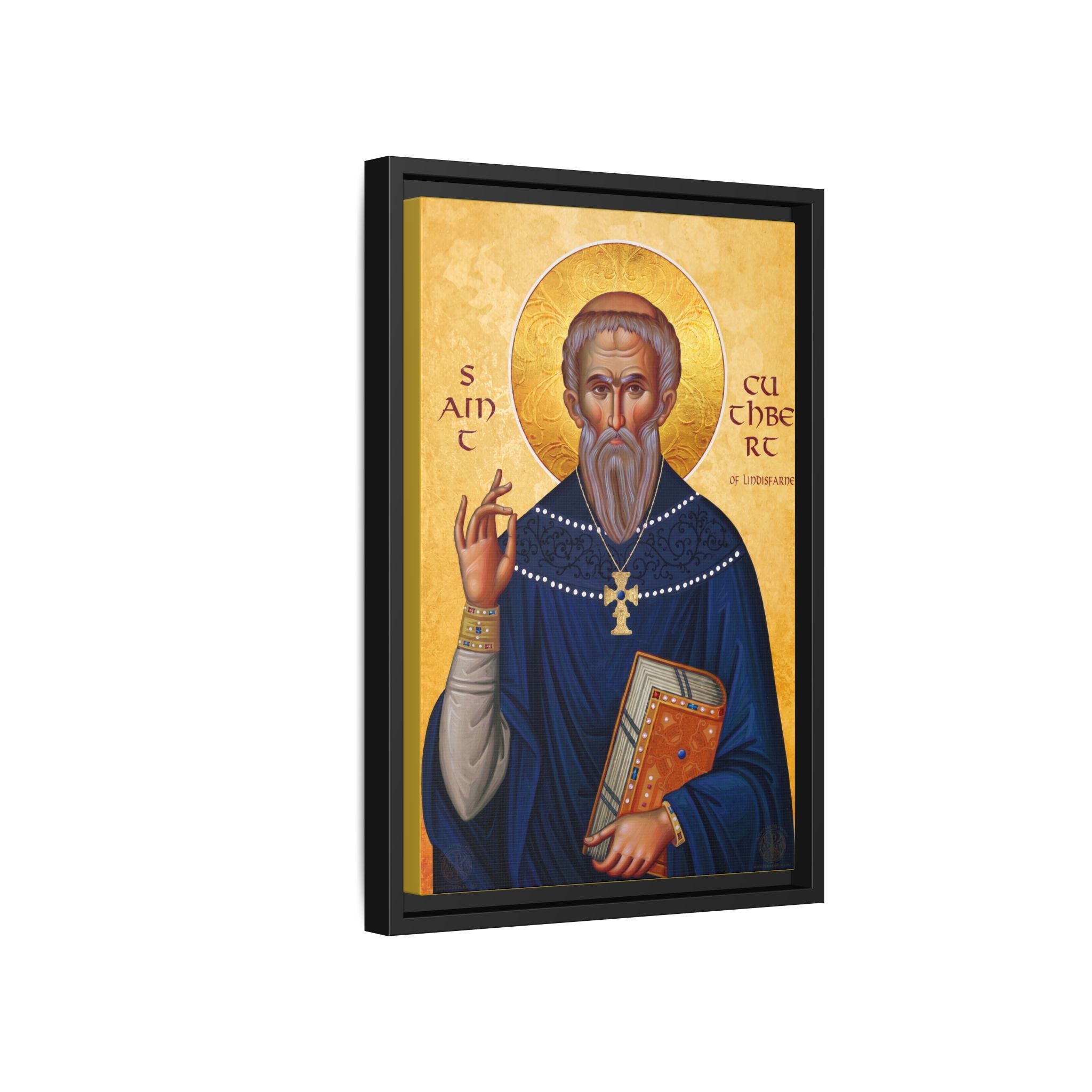 Framed canvas icon of Saint Cuthbert of Lindisfarne, traditional Orthodox Christian artwork