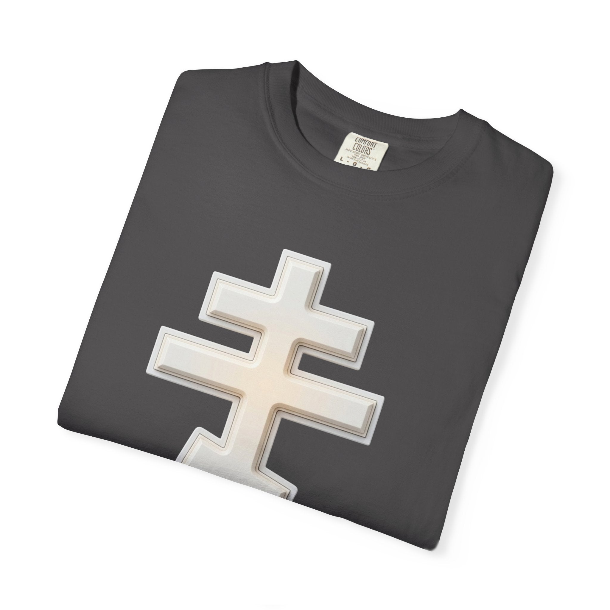 Classic white classic Orthodox cross design on a heavyweight garment-dyed t-shirt