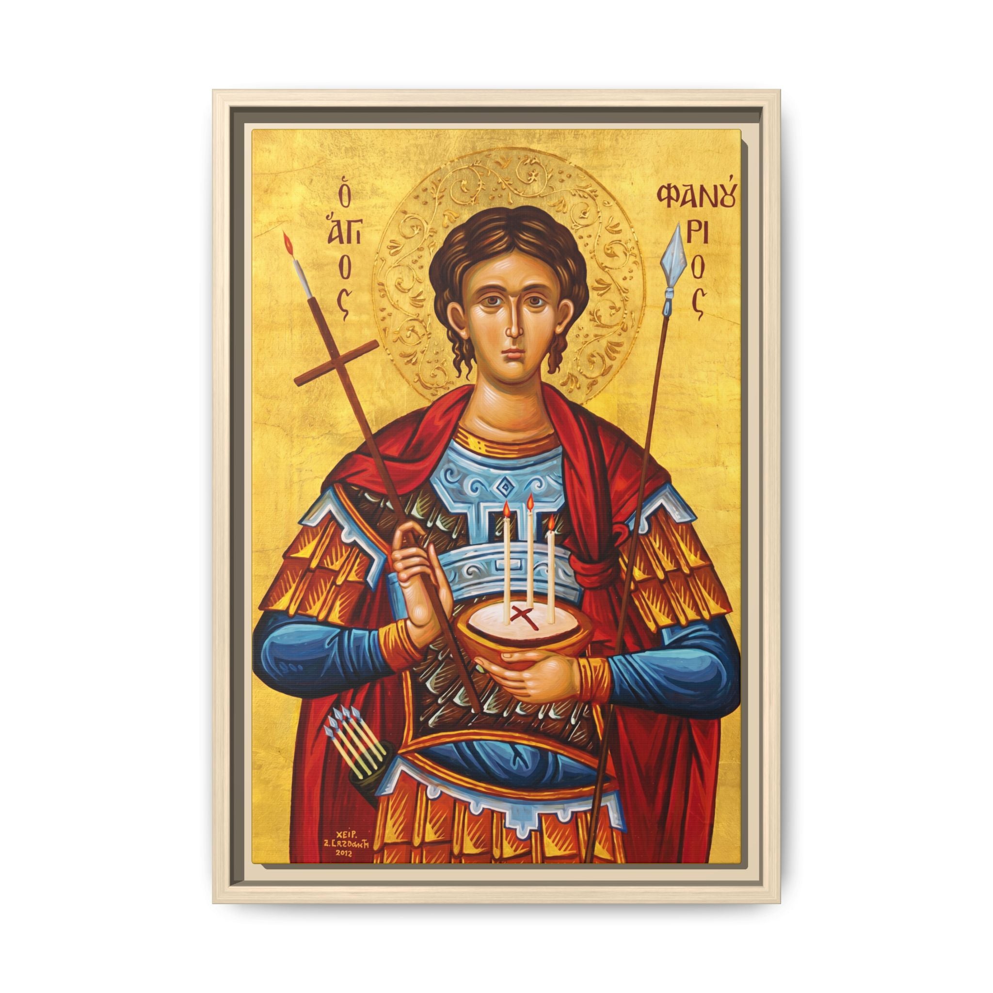 Framed canvas icon of Saint Mercurius the Great Martyr, traditional Orthodox Christian artwork