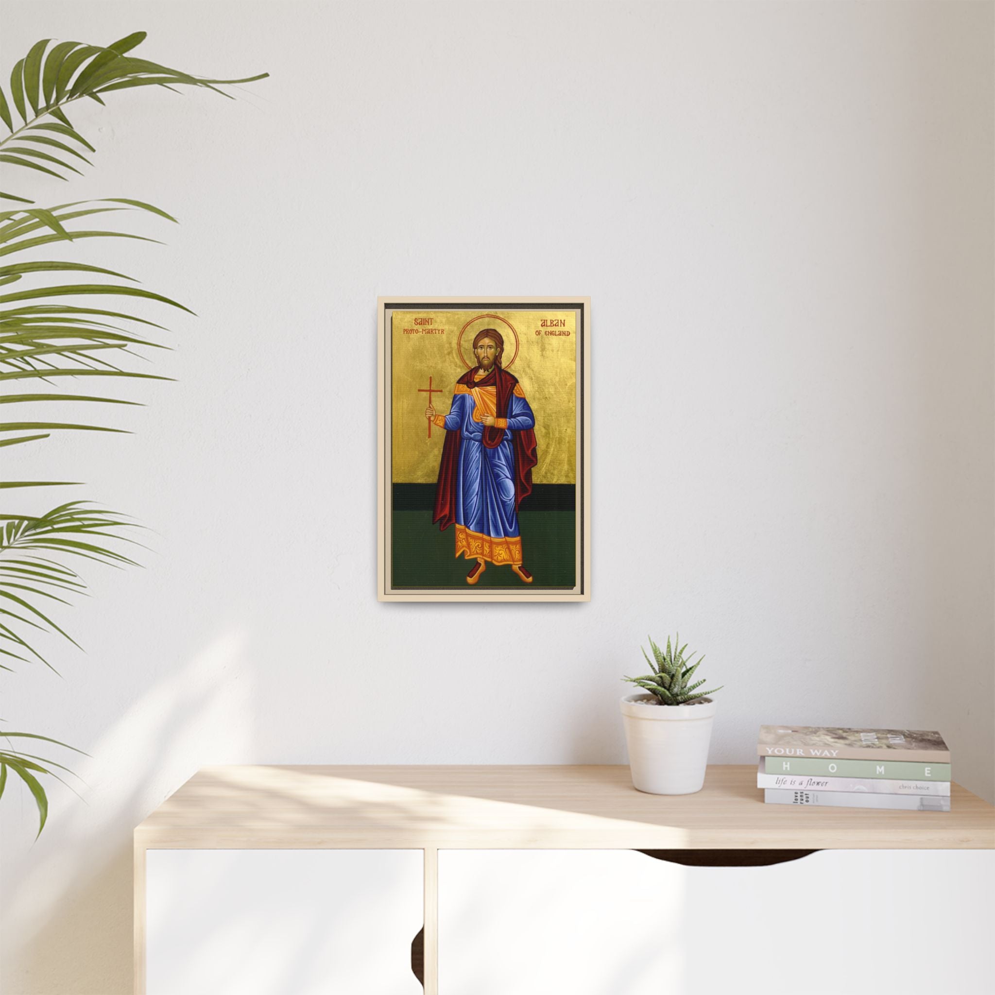 Framed canvas icon of Saint Alban the Protomartyr of Britain, traditional Orthodox Christian artwork