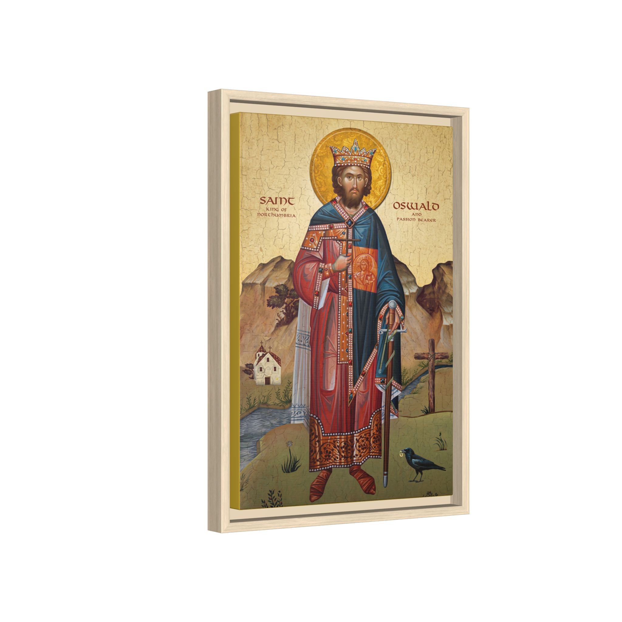 Framed canvas icon of Saint Oswald of Northumbria, traditional Orthodox Christian artwork