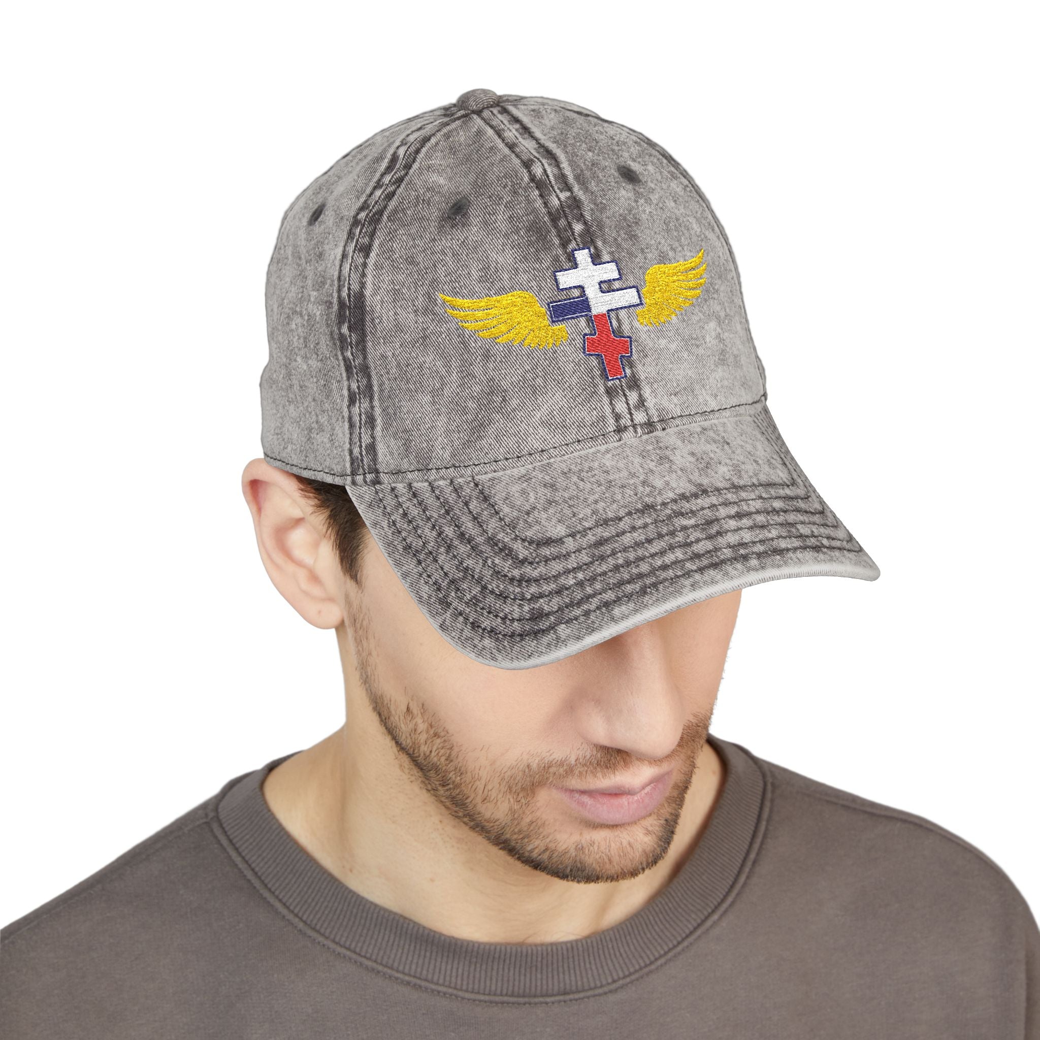 Czech Orthodox cross with wings embroidered on vintage cotton twill cap -- additional view 10