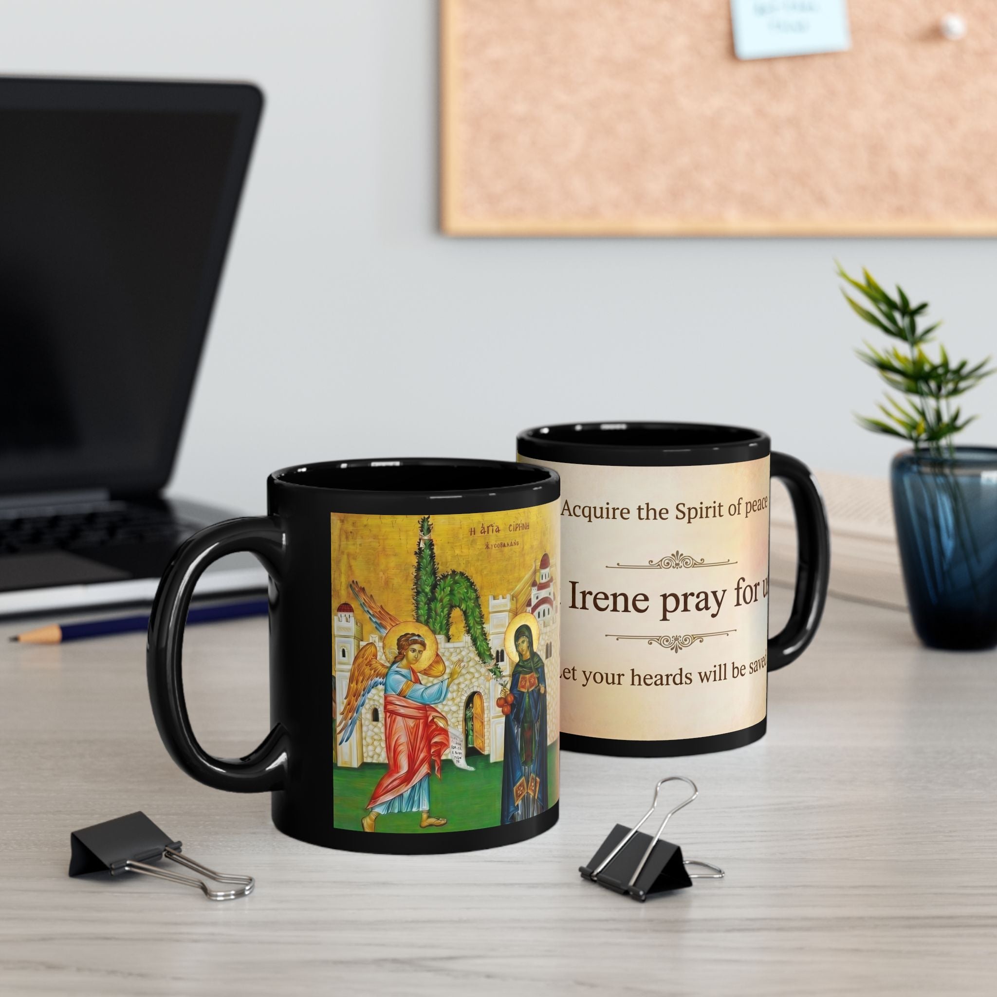 Saint Irene the Great Martyr Orthodox Christian Black Coffee Mug — Christian Gift Idea