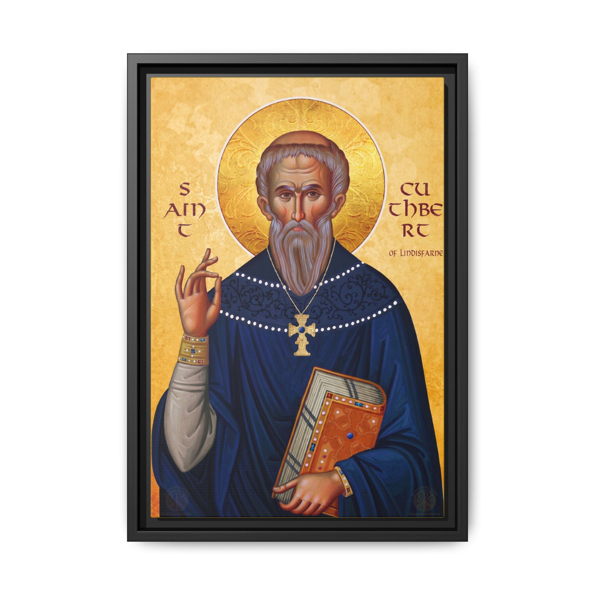Framed canvas icon of Saint Cuthbert of Lindisfarne, traditional Orthodox Christian artwork