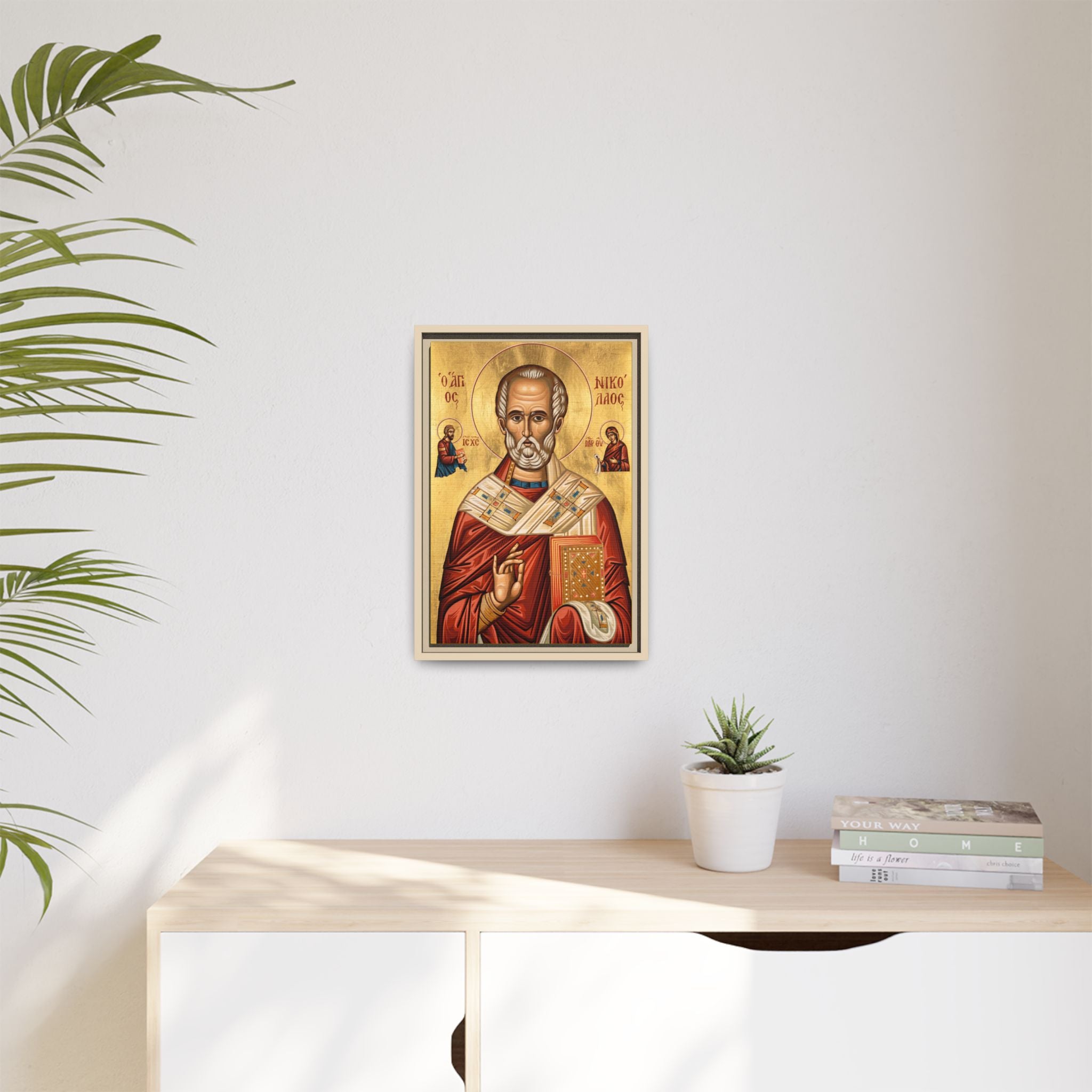 Framed canvas icon of Saint Nicholas the Wonderworker, traditional Orthodox Christian artwork