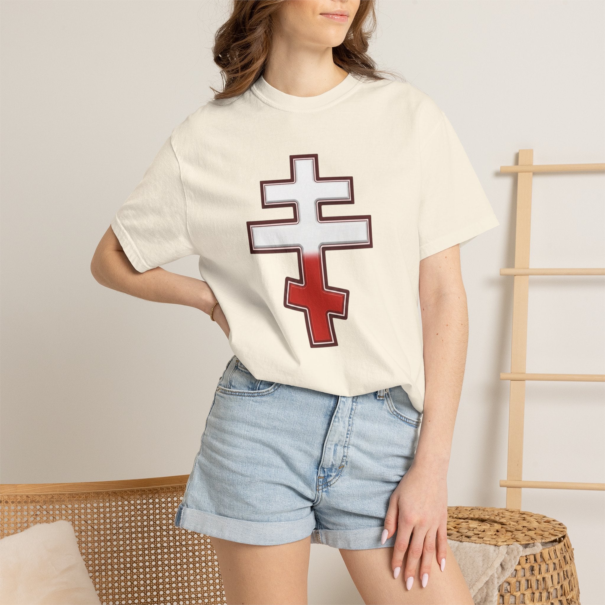 Polish Orthodox Cross design on a heavyweight garment-dyed t-shirt