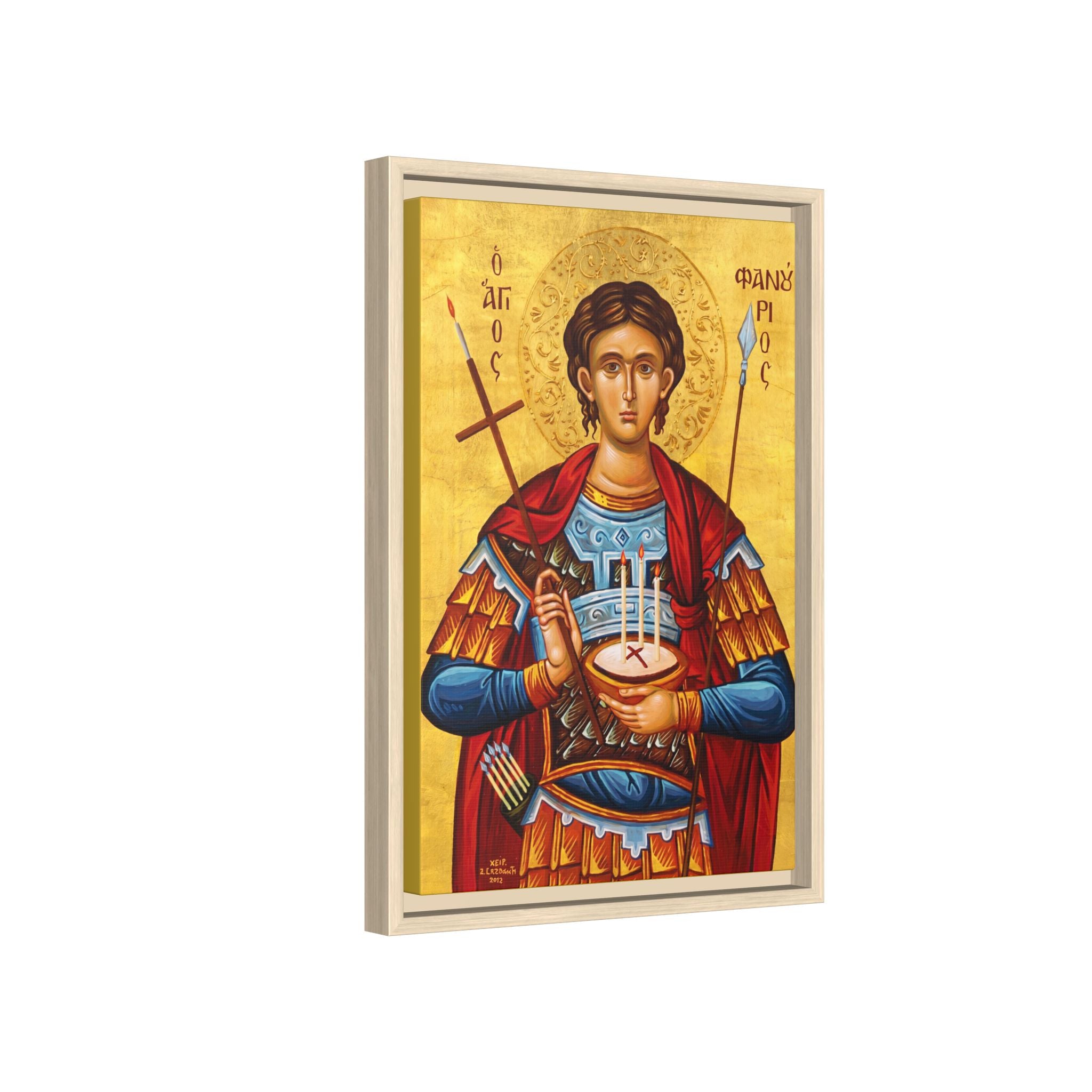 Framed canvas icon of Saint Mercurius the Great Martyr, traditional Orthodox Christian artwork