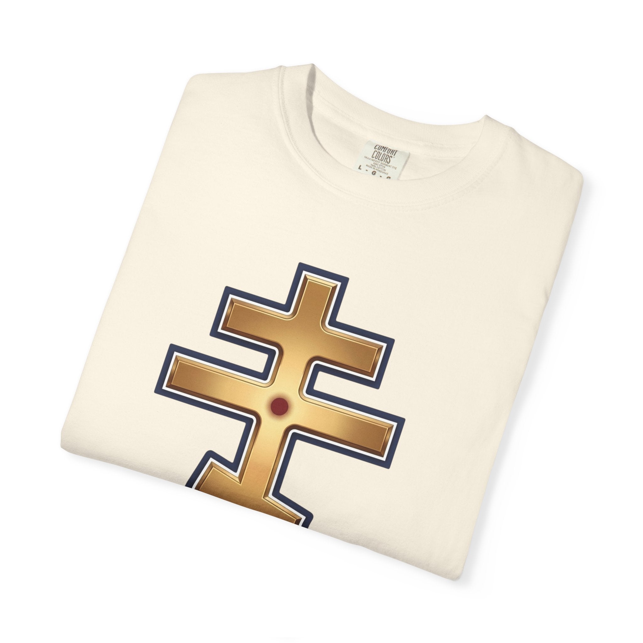 Jerusalem Orthodox Cross design on a heavyweight garment-dyed t-shirt
