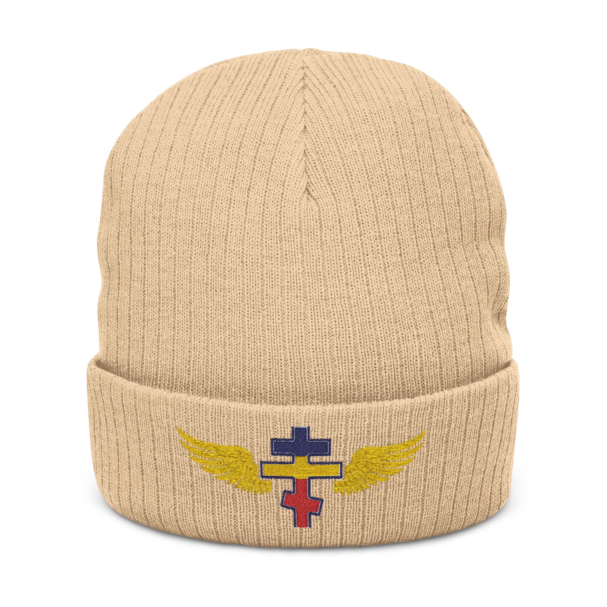 Romanian Orthodox cross with wings embroidered on ribbed knit beanie -- additional view 2