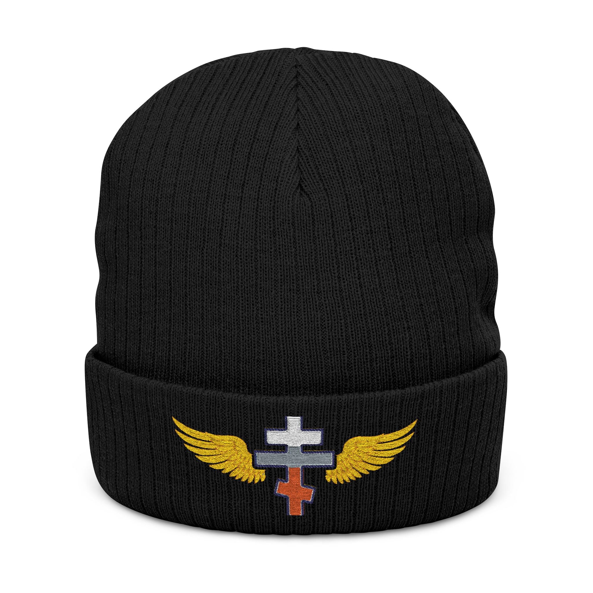 Slovak Orthodox cross with wings embroidered on ribbed knit beanie