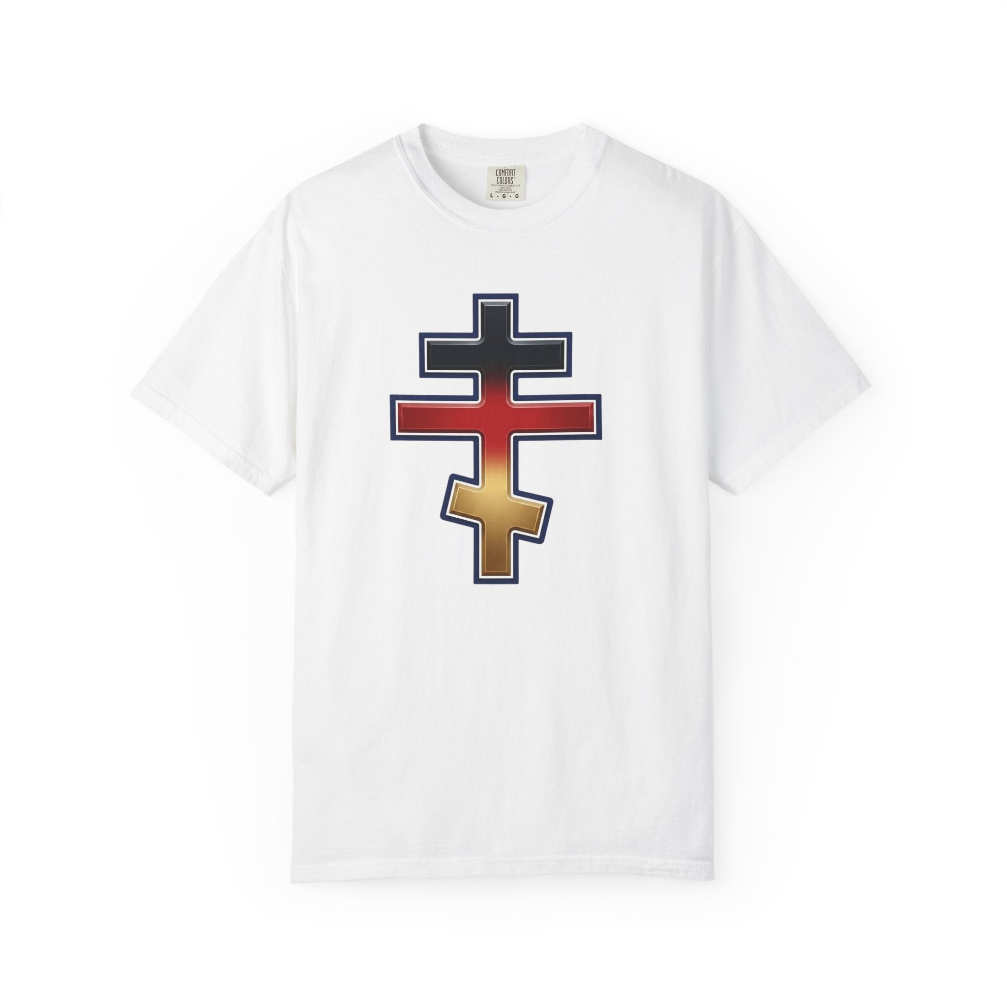 German Orthodox Cross design on a heavyweight garment-dyed t-shirt