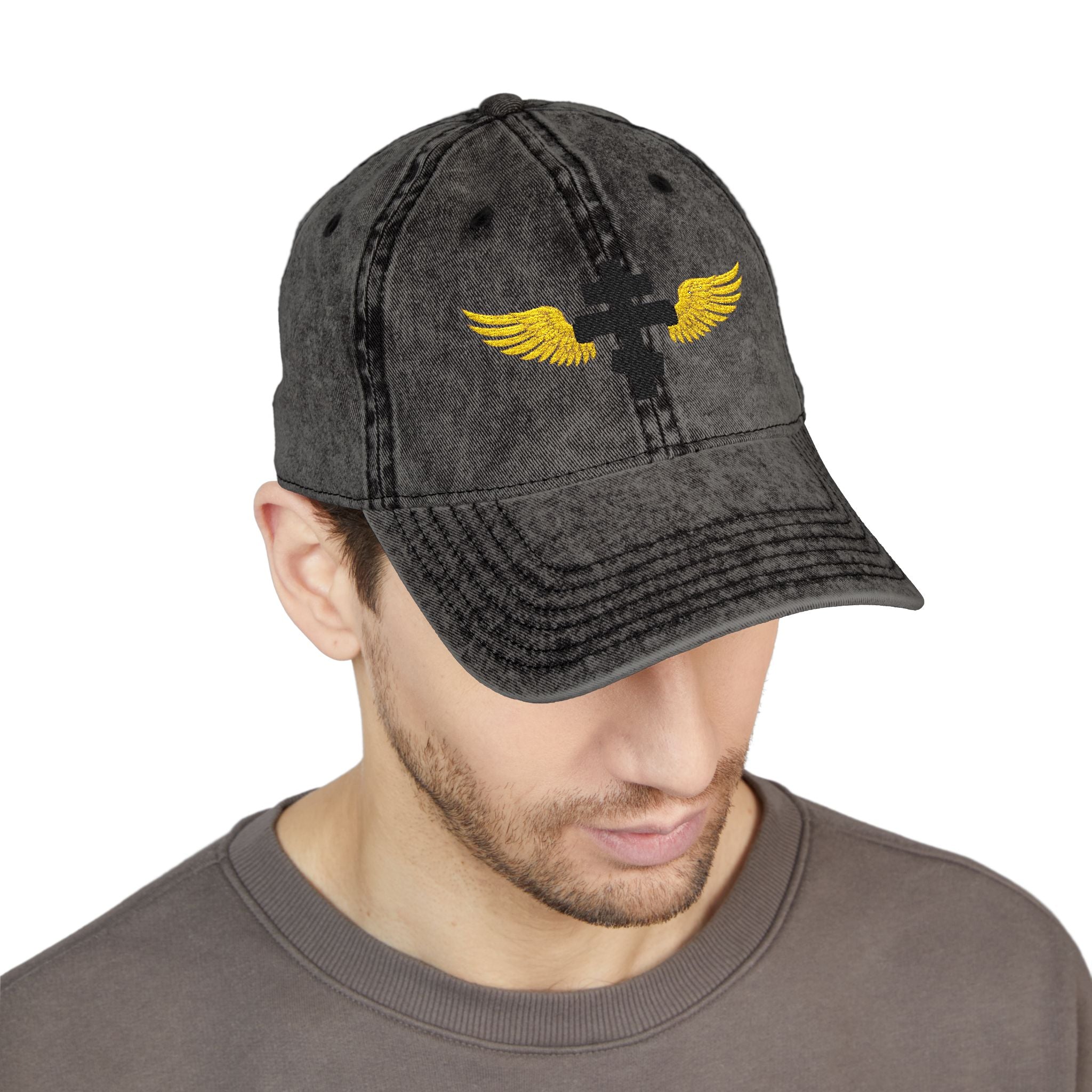 Black Orthodox cross with wings embroidered on vintage cotton twill cap -- additional view 10