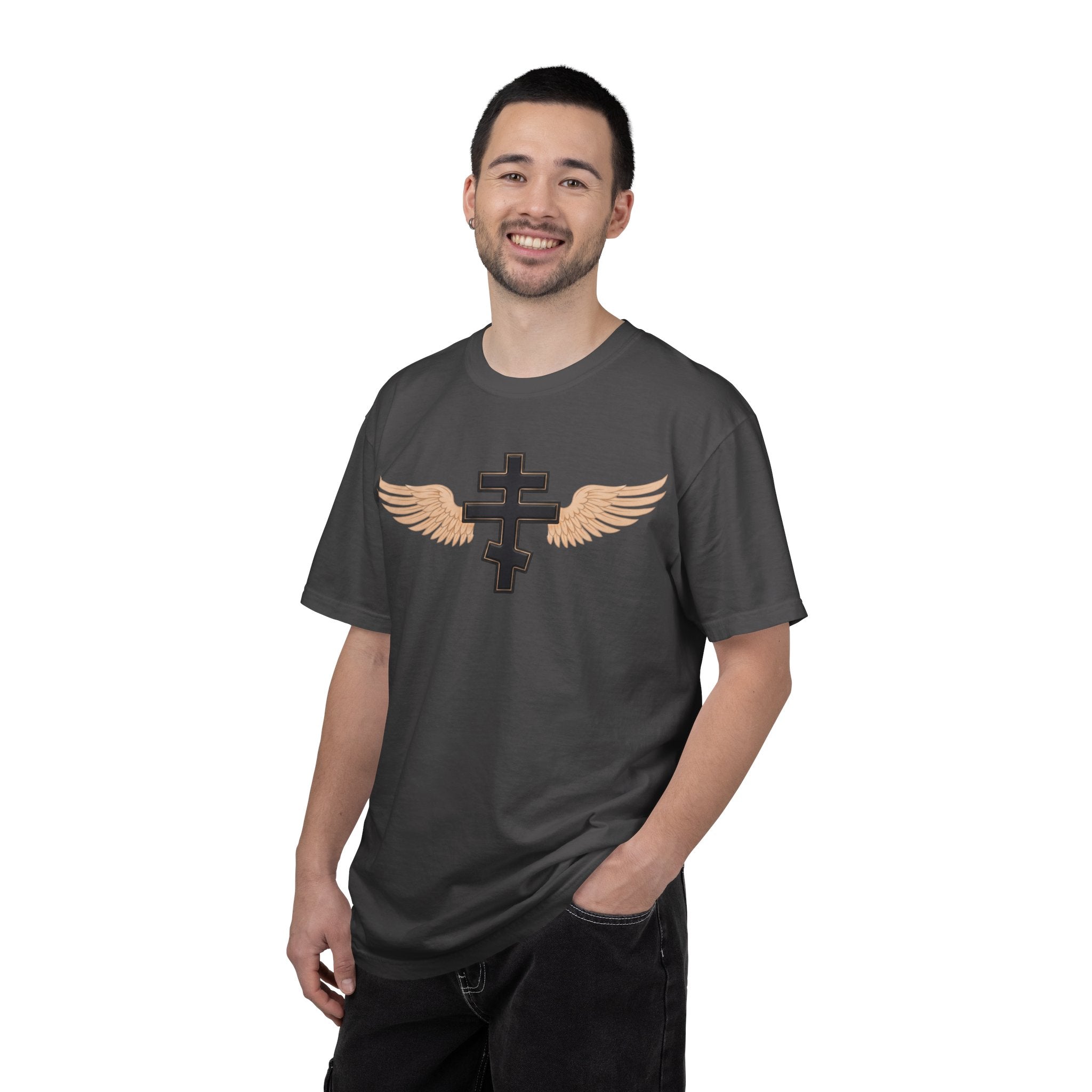 Classic black winged classic Orthodox cross design on a heavyweight garment-dyed t-shirt