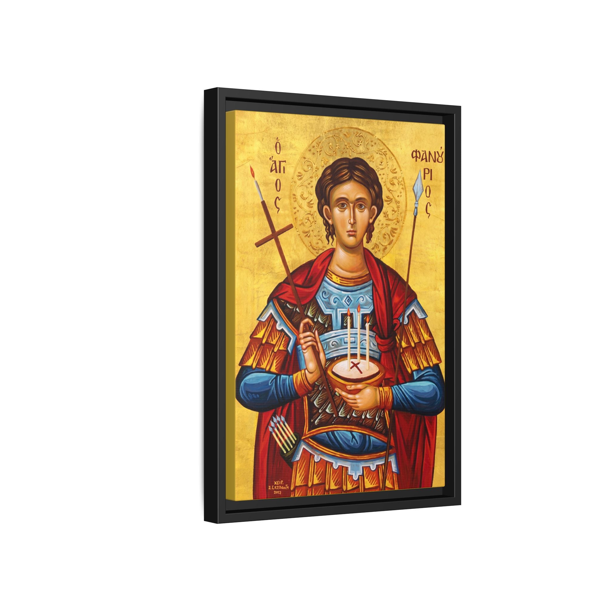 Framed canvas icon of Saint Mercurius the Great Martyr, traditional Orthodox Christian artwork